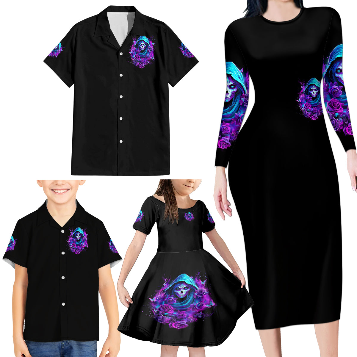 Witch Skull Family Matching Long Sleeve Bodycon Dress and Hawaiian Shirt I Hold A Beast An Angel And Crazy Lady In Me - Wonder Print Shop