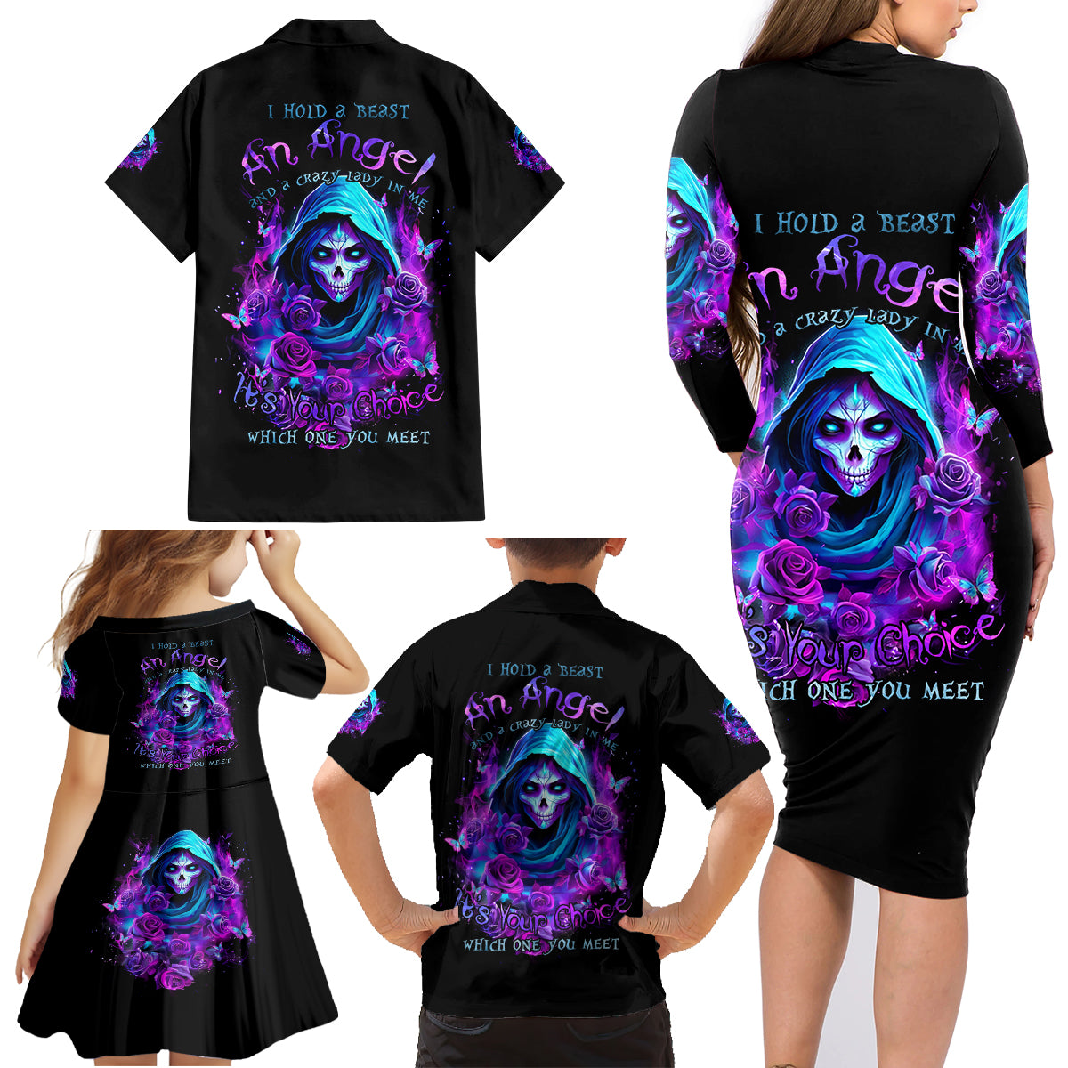 Witch Skull Family Matching Long Sleeve Bodycon Dress and Hawaiian Shirt I Hold A Beast An Angel And Crazy Lady In Me - Wonder Print Shop
