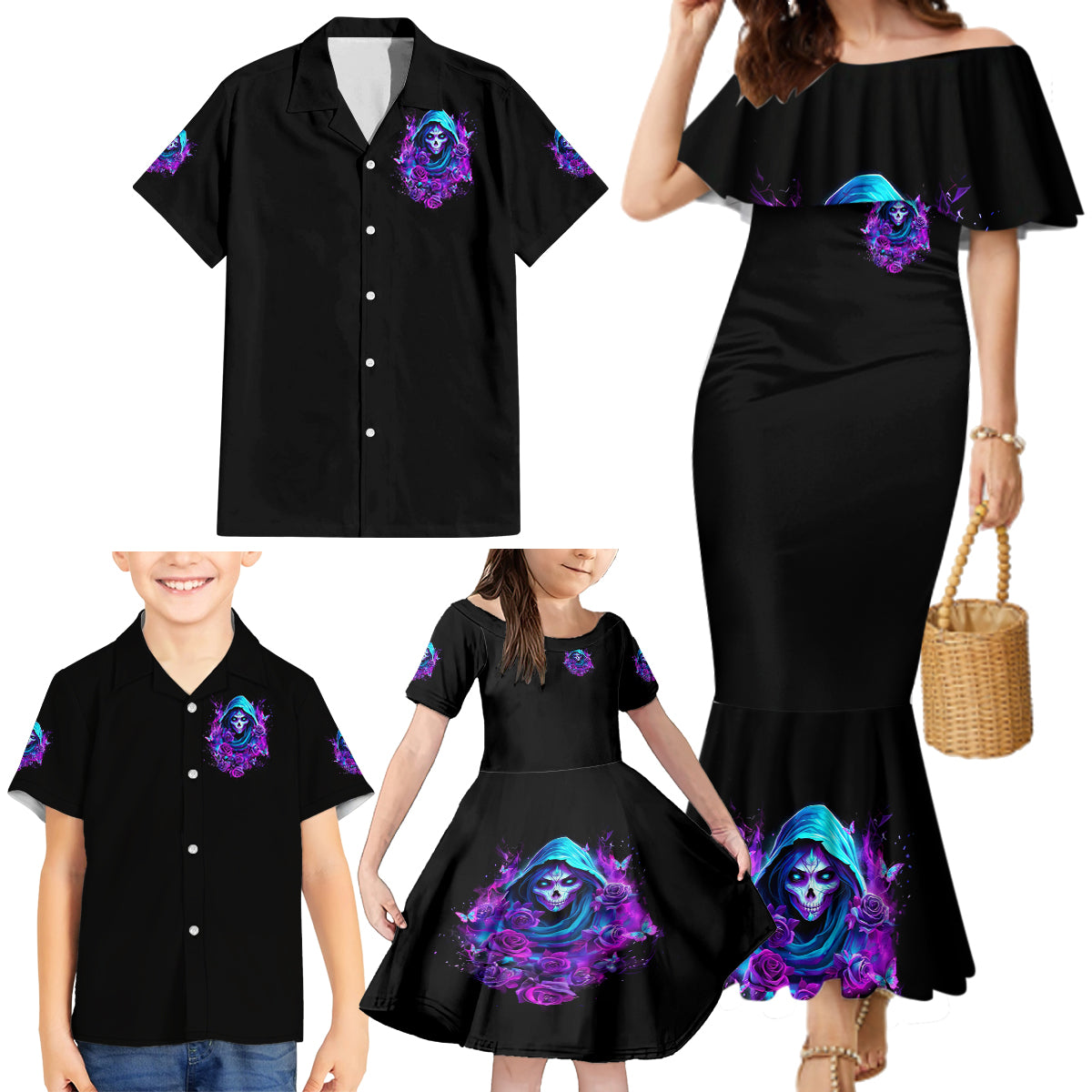 Witch Skull Family Matching Mermaid Dress and Hawaiian Shirt I Hold A Beast An Angel And Crazy Lady In Me - Wonder Print Shop