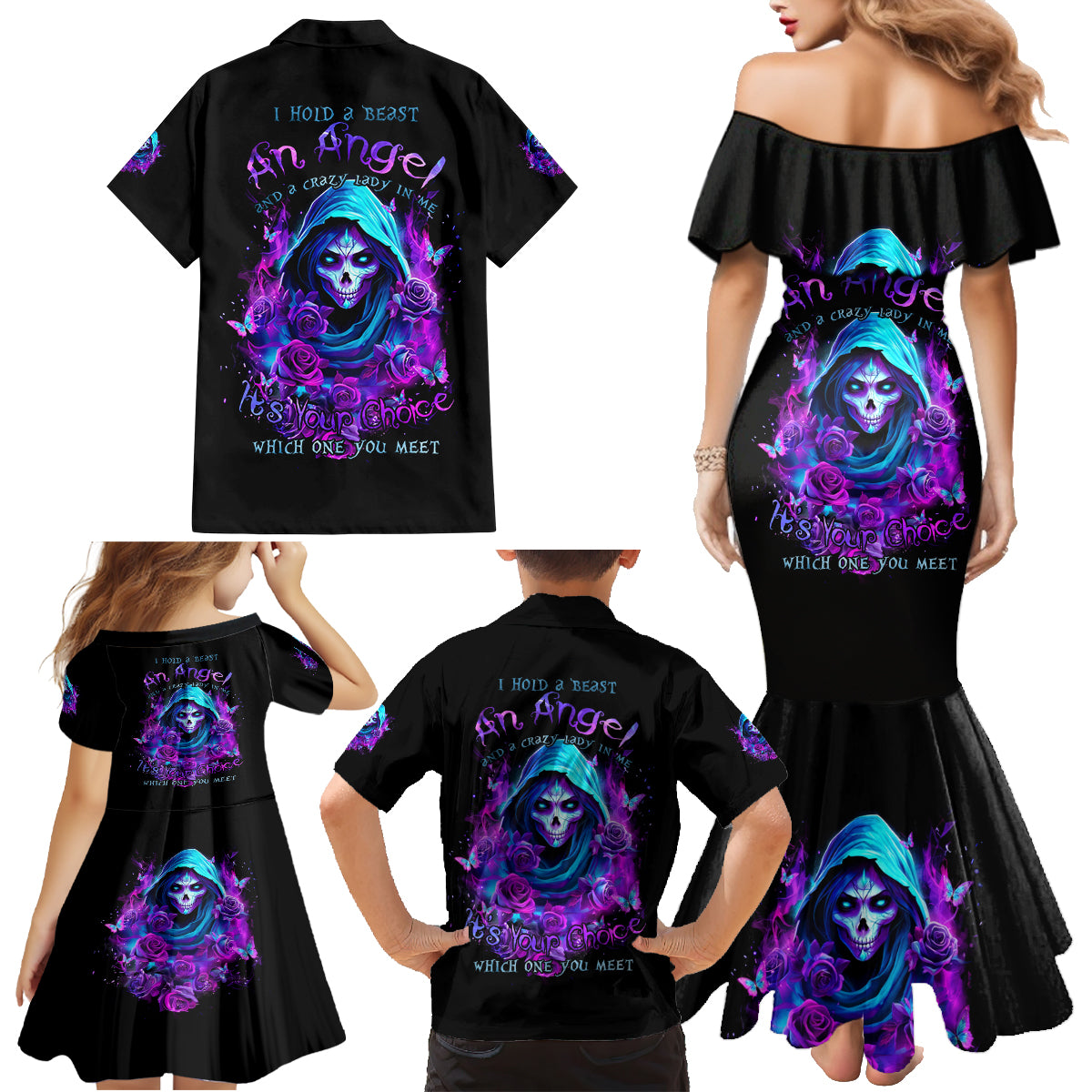 Witch Skull Family Matching Mermaid Dress and Hawaiian Shirt I Hold A Beast An Angel And Crazy Lady In Me - Wonder Print Shop