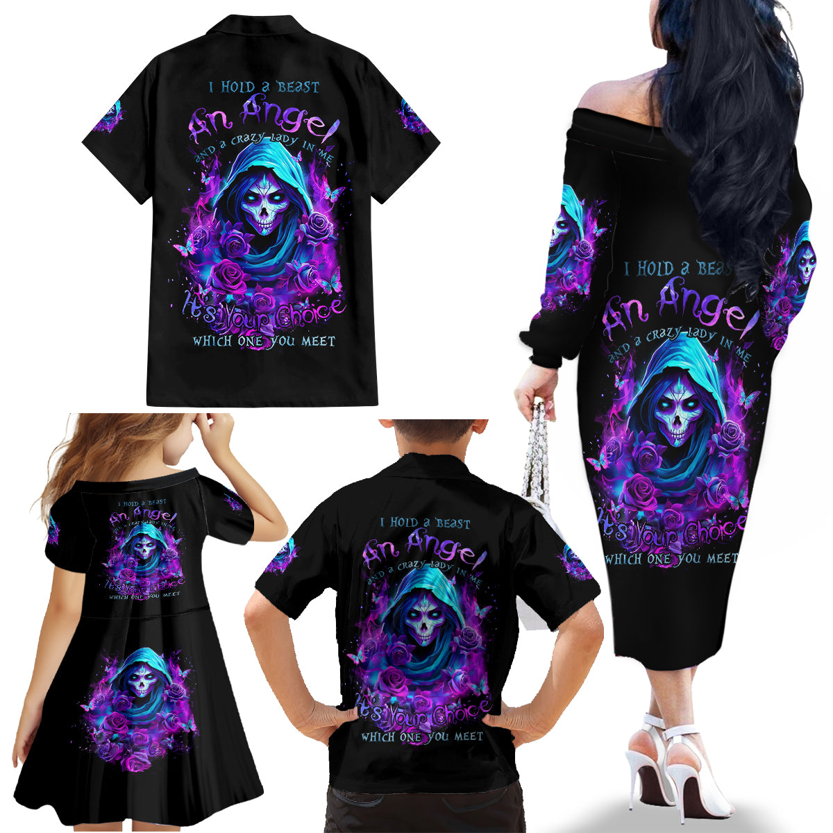 Witch Skull Family Matching Off Shoulder Long Sleeve Dress and Hawaiian Shirt I Hold A Beast An Angel And Crazy Lady In Me - Wonder Print Shop