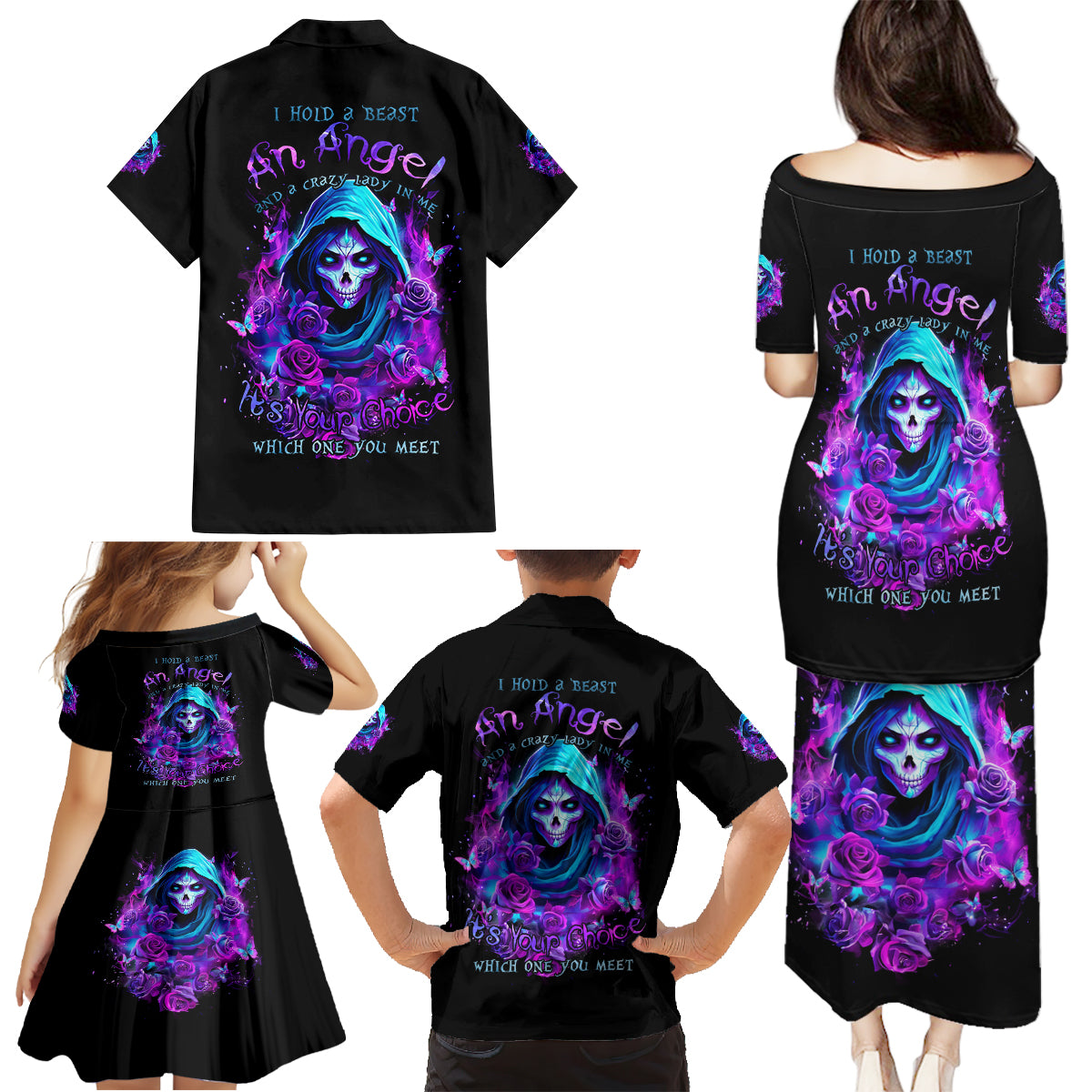 Witch Skull Family Matching Puletasi and Hawaiian Shirt I Hold A Beast An Angel And Crazy Lady In Me - Wonder Print Shop