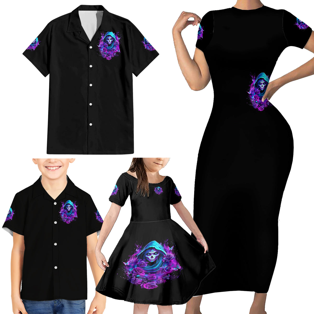 Witch Skull Family Matching Short Sleeve Bodycon Dress and Hawaiian Shirt I Hold A Beast An Angel And Crazy Lady In Me - Wonder Print Shop