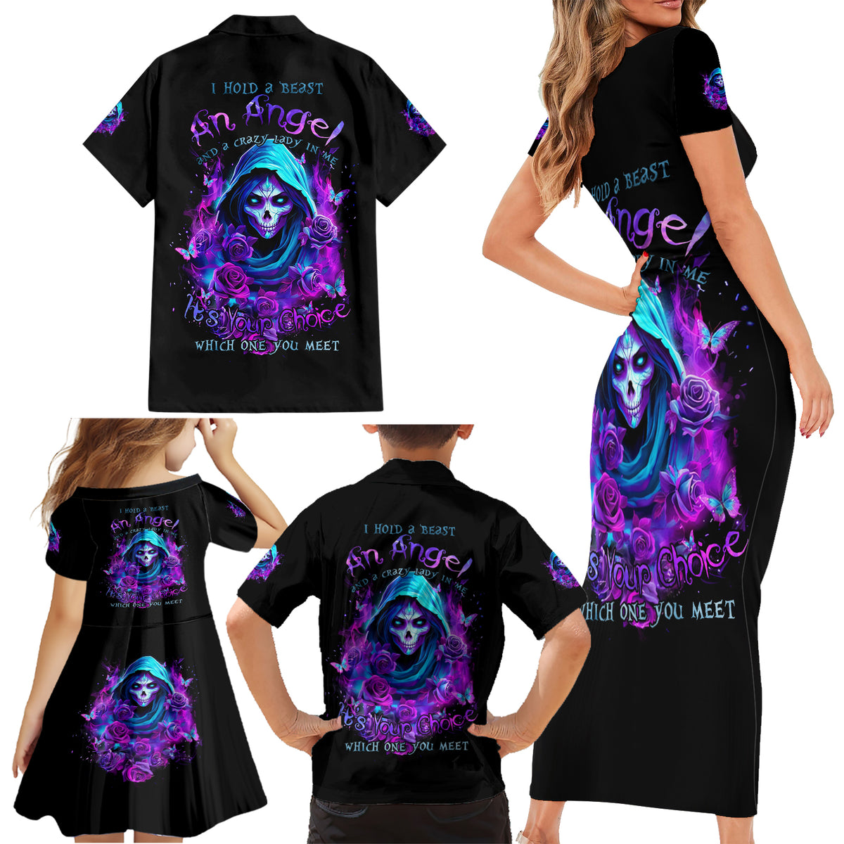 Witch Skull Family Matching Short Sleeve Bodycon Dress and Hawaiian Shirt I Hold A Beast An Angel And Crazy Lady In Me - Wonder Print Shop
