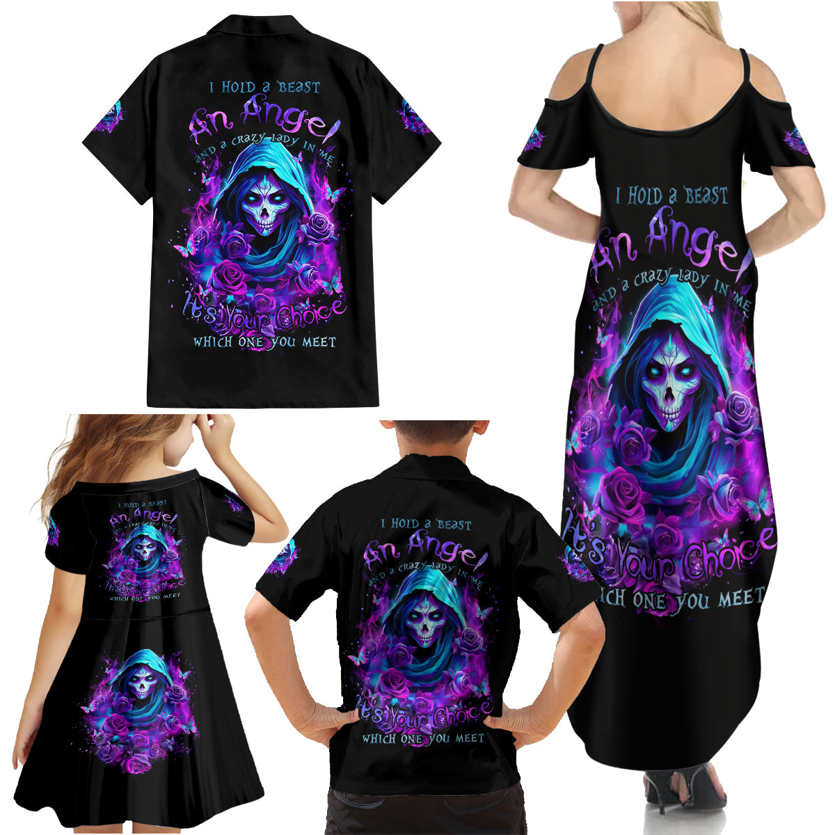 Witch Skull Family Matching Summer Maxi Dress and Hawaiian Shirt I Hold A Beast An Angel And Crazy Lady In Me - Wonder Print Shop