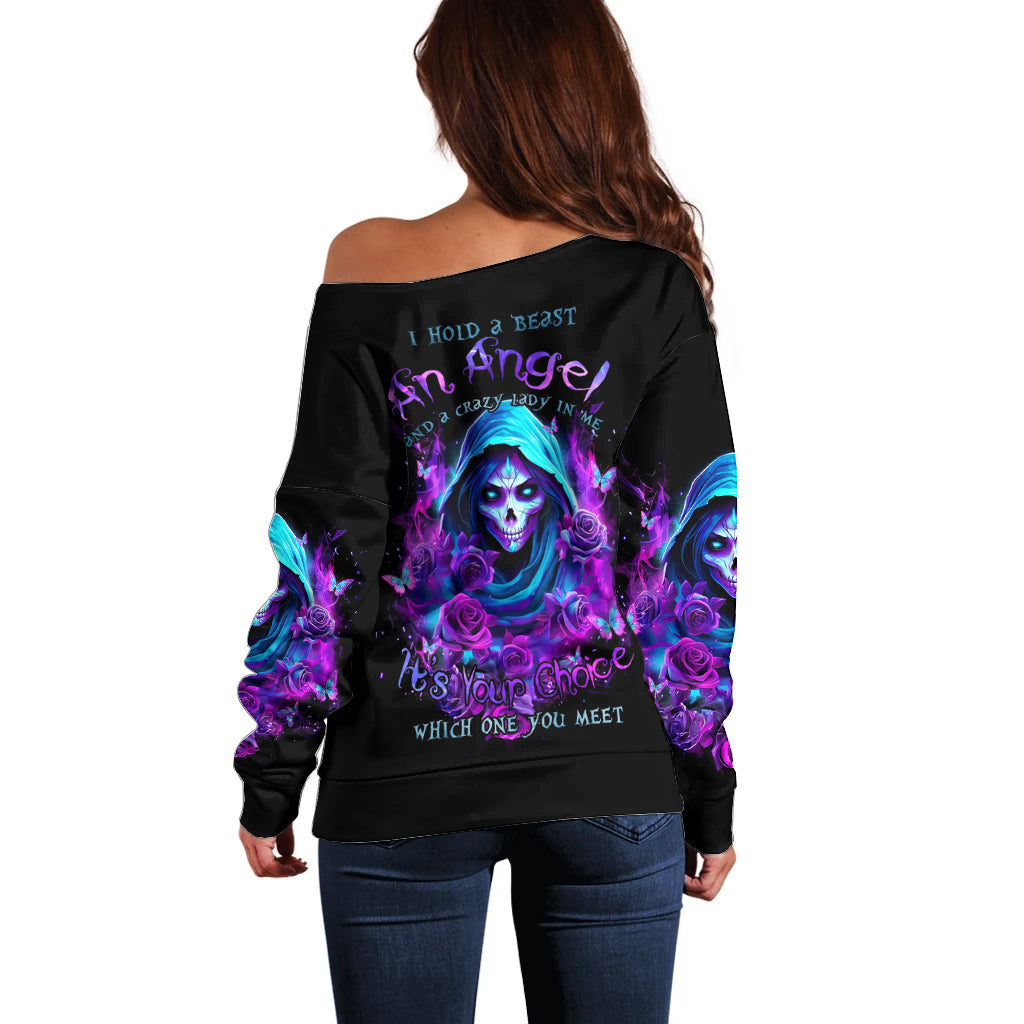 Witch Skull Off Shoulder Sweater I Hold A Beast An Angel And Crazy Lady In Me - Wonder Print Shop