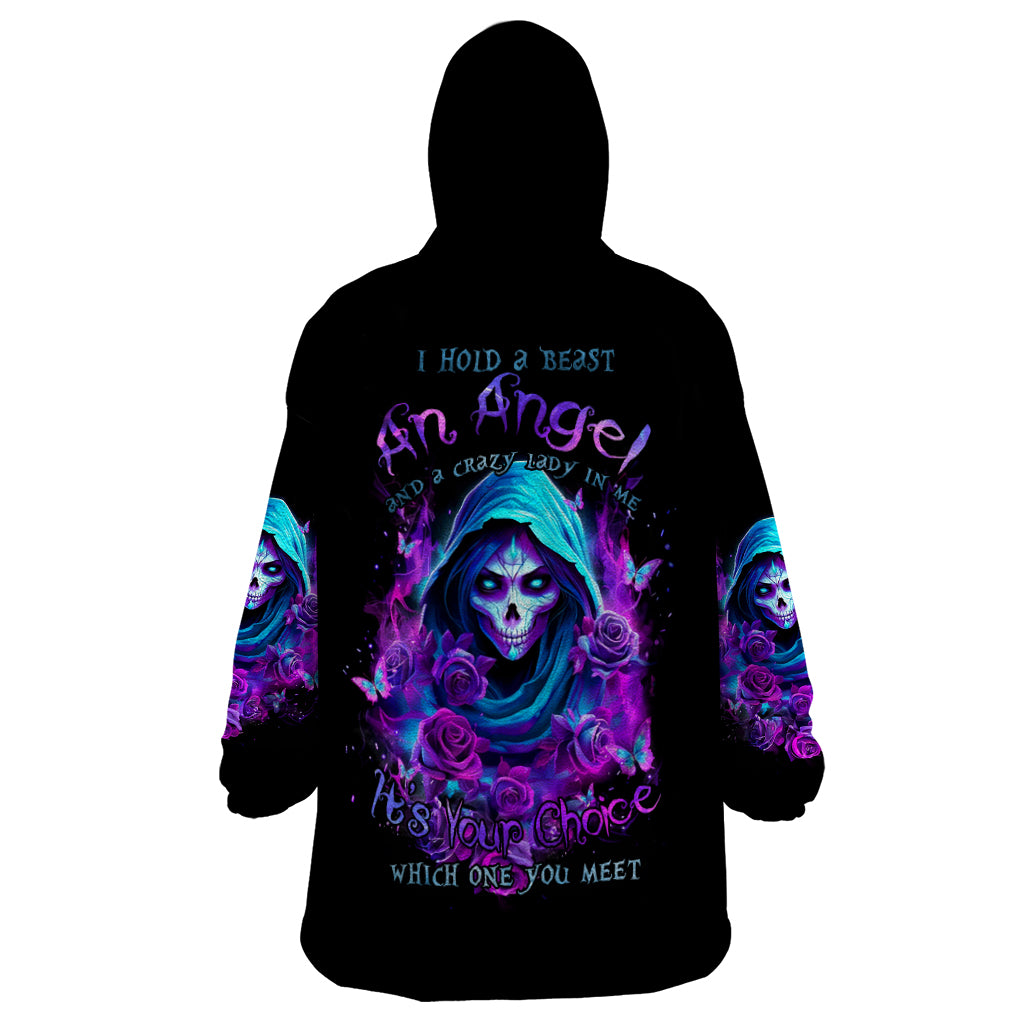 Witch Skull Wearable Blanket Hoodie I Hold A Beast An Angel And Crazy Lady In Me - Wonder Print Shop