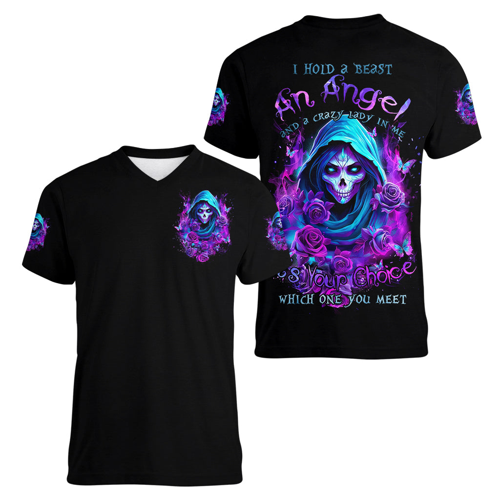 Witch Skull Women V Neck T Shirt I Hold A Beast An Angel And Crazy Lady In Me - Wonder Print Shop
