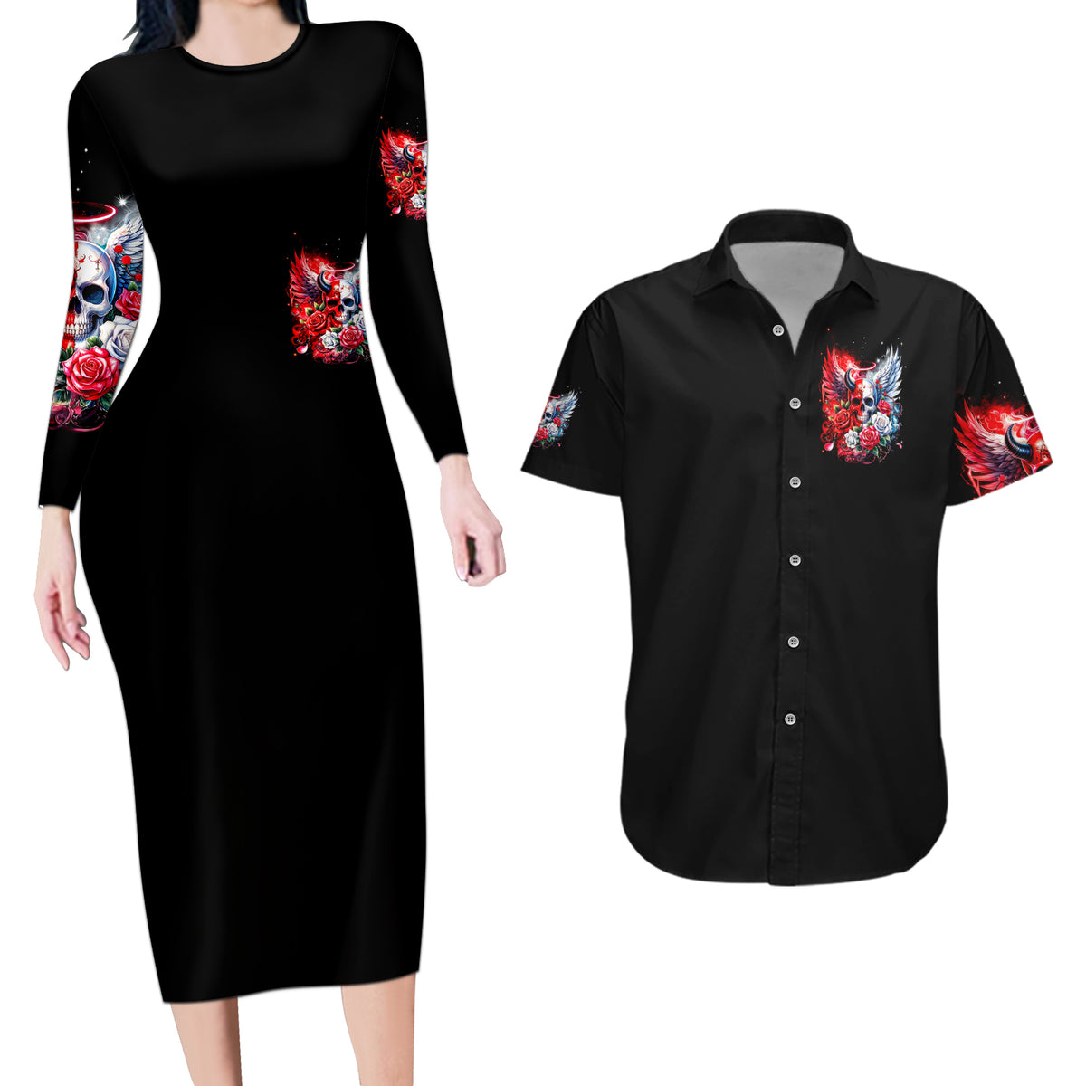 Evil Angel Skull Couples Matching Long Sleeve Bodycon Dress and Hawaiian Shirt Heaven Don't Want Me And Hell Afraid - Wonder Print Shop
