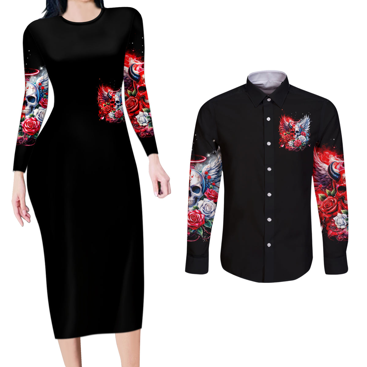 Evil Angel Skull Couples Matching Long Sleeve Bodycon Dress and Long Sleeve Button Shirt Heaven Don't Want Me And Hell Afraid - Wonder Print Shop