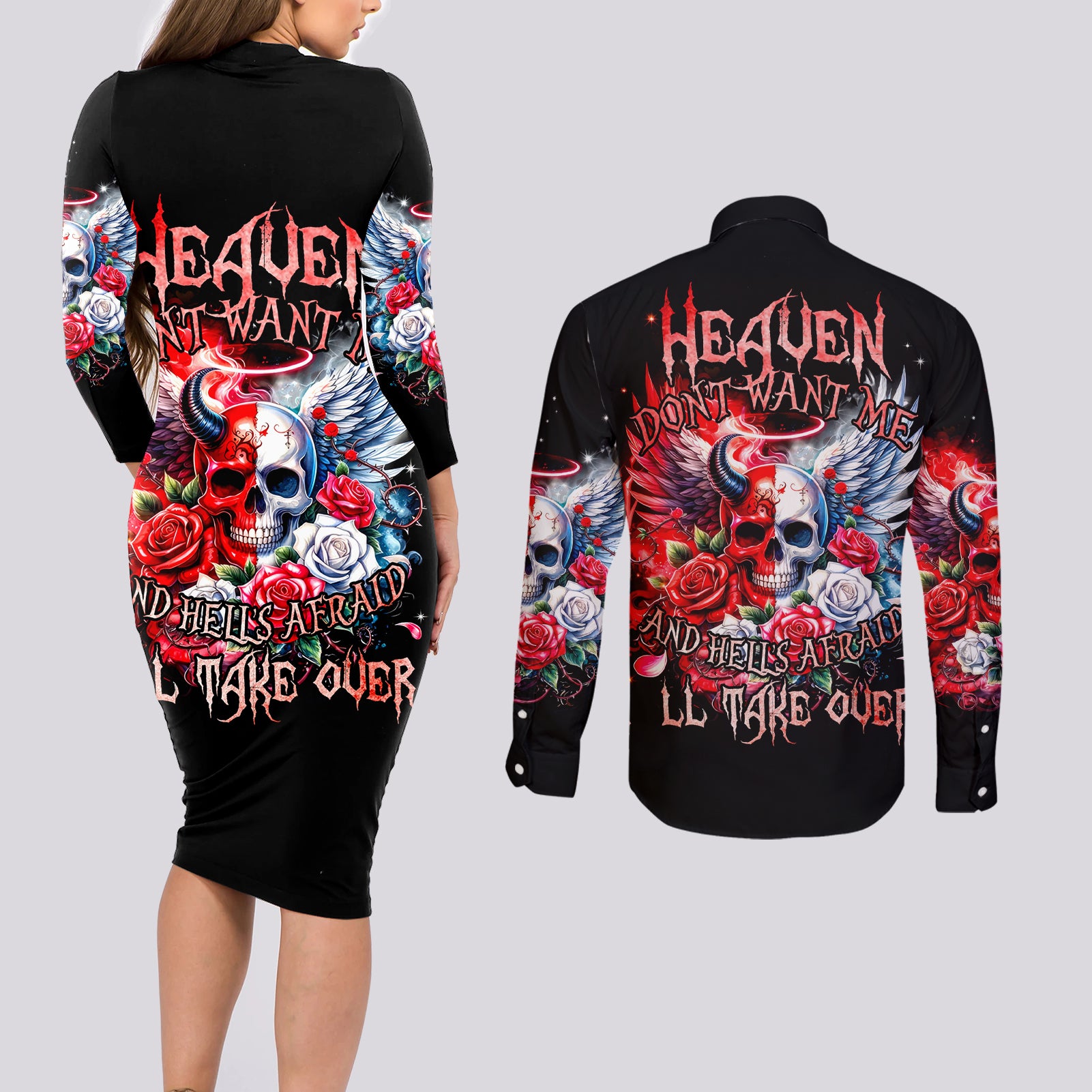 Evil Angel Skull Couples Matching Long Sleeve Bodycon Dress and Long Sleeve Button Shirt Heaven Don't Want Me And Hell Afraid - Wonder Print Shop