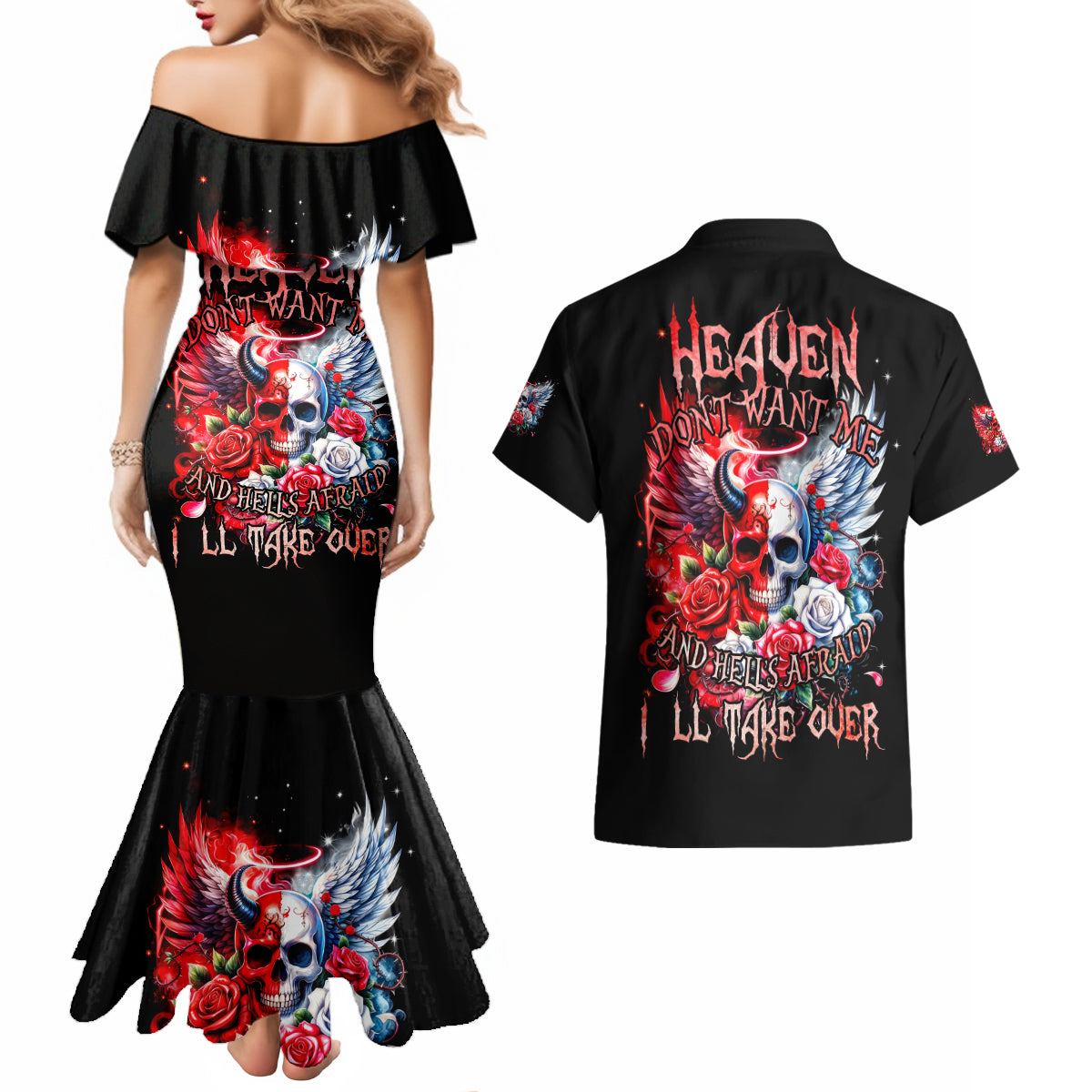 Evil Angel Skull Couples Matching Mermaid Dress and Hawaiian Shirt Heaven Don't Want Me And Hell Afraid - Wonder Print Shop