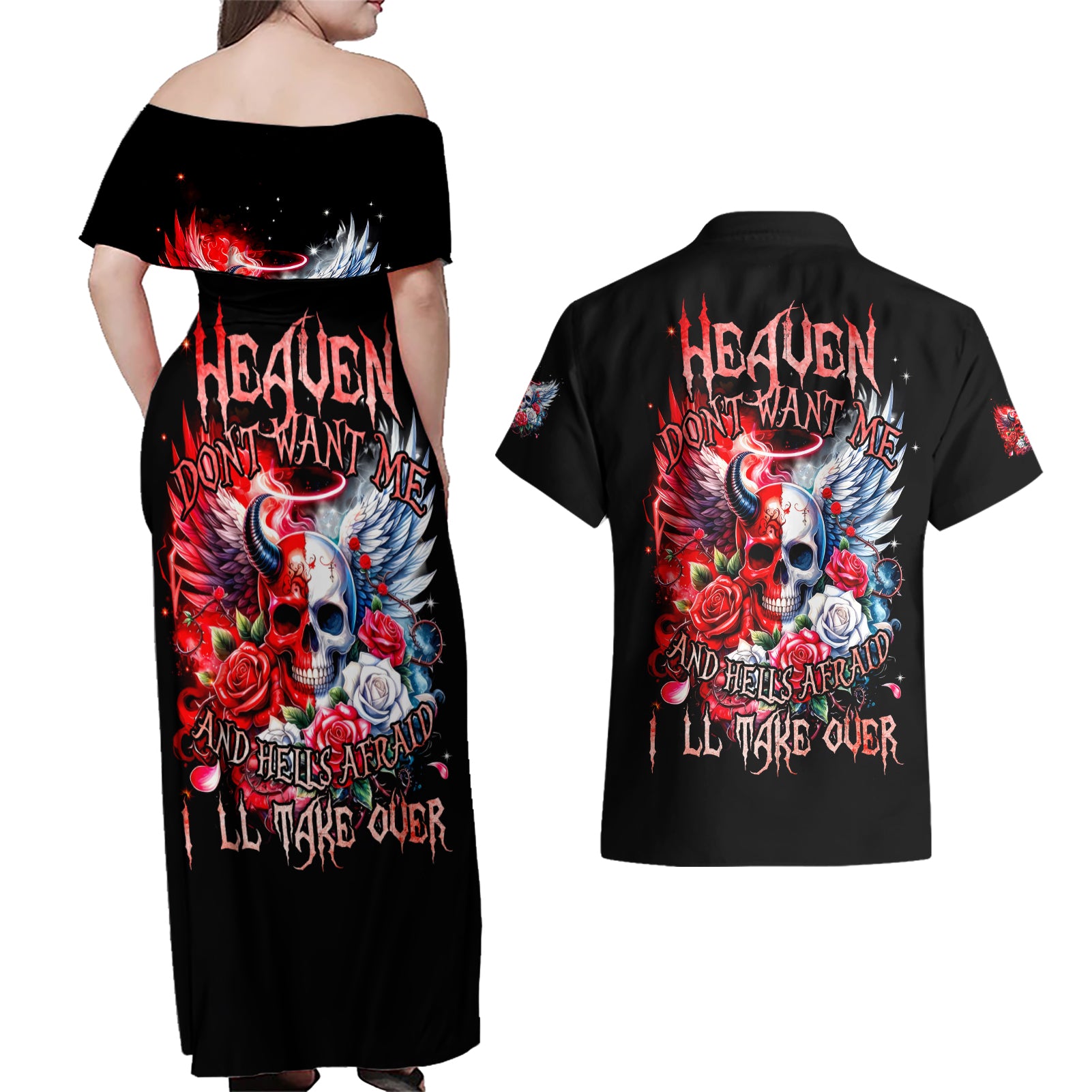 Evil Angel Skull Couples Matching Off Shoulder Maxi Dress and Hawaiian Shirt Heaven Don't Want Me And Hell Afraid - Wonder Print Shop