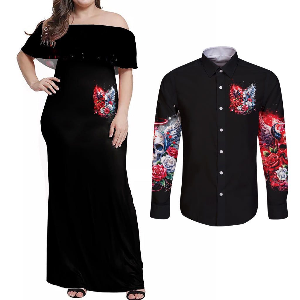 Evil Angel Skull Couples Matching Off Shoulder Maxi Dress and Long Sleeve Button Shirt Heaven Don't Want Me And Hell Afraid - Wonder Print Shop