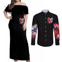 Evil Angel Skull Couples Matching Off Shoulder Maxi Dress and Long Sleeve Button Shirt Heaven Don't Want Me And Hell Afraid - Wonder Print Shop