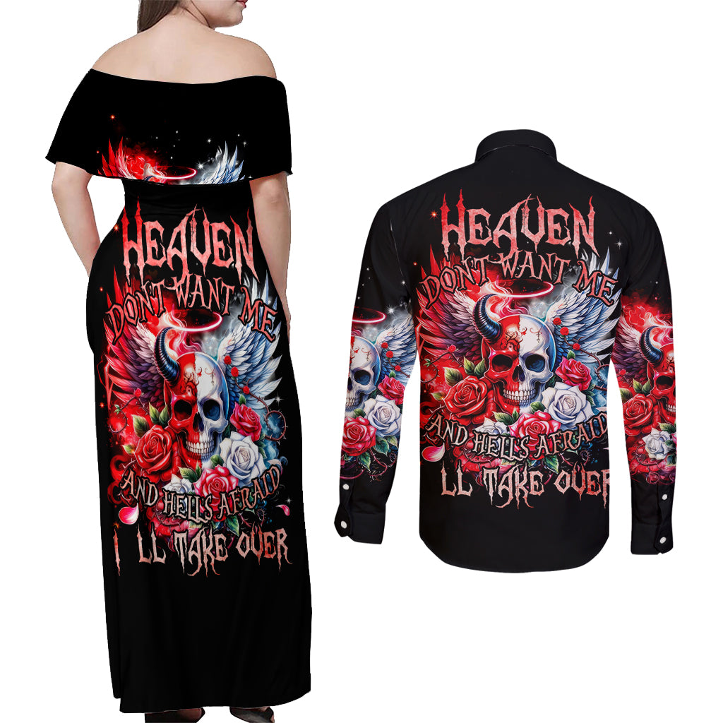 Evil Angel Skull Couples Matching Off Shoulder Maxi Dress and Long Sleeve Button Shirt Heaven Don't Want Me And Hell Afraid - Wonder Print Shop