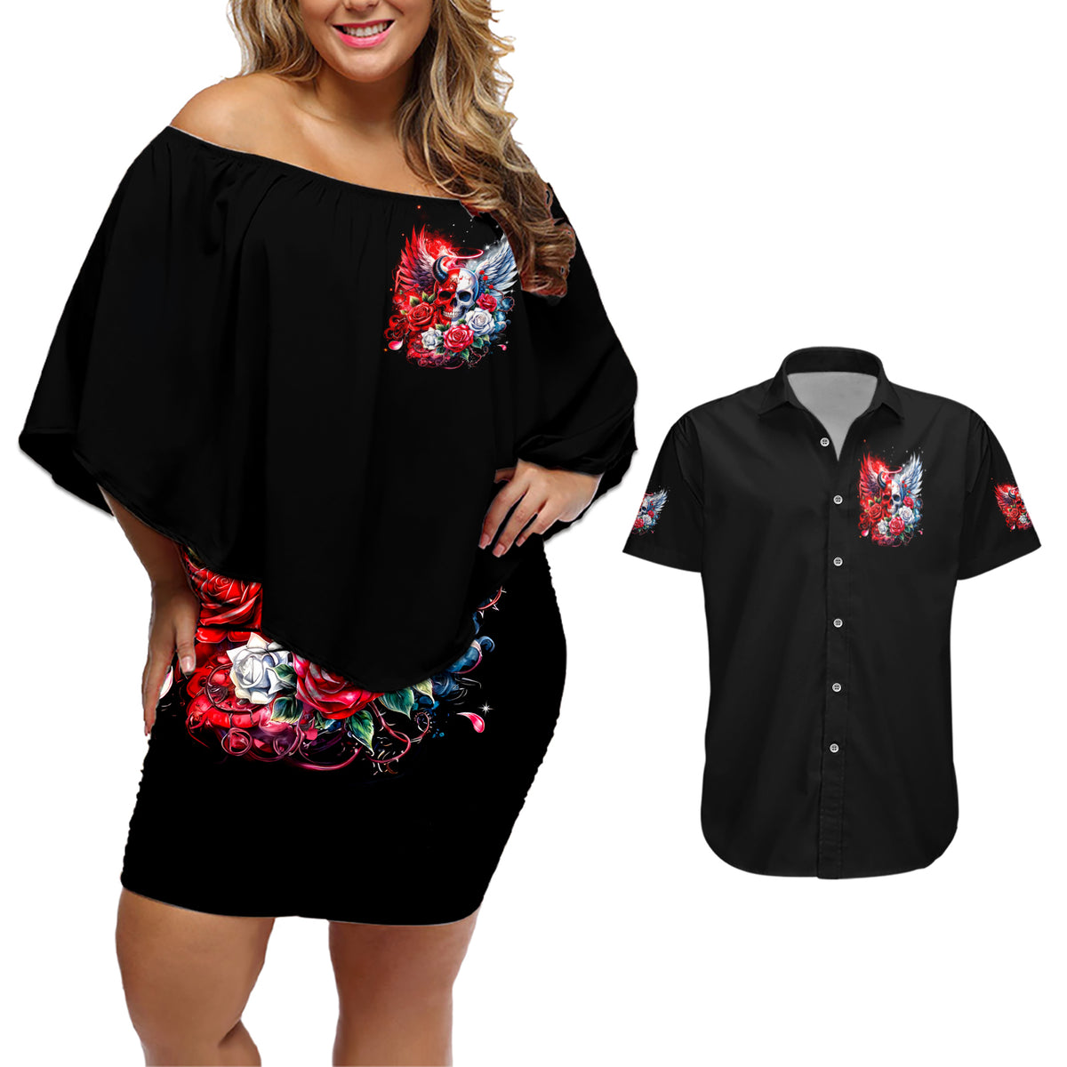 Evil Angel Skull Couples Matching Off Shoulder Short Dress and Hawaiian Shirt Heaven Don't Want Me And Hell Afraid - Wonder Print Shop