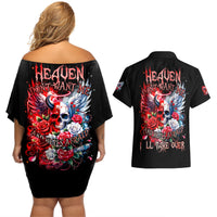 Evil Angel Skull Couples Matching Off Shoulder Short Dress and Hawaiian Shirt Heaven Don't Want Me And Hell Afraid - Wonder Print Shop