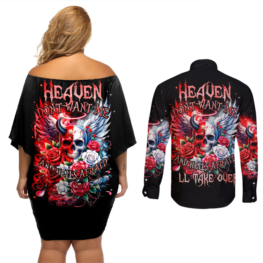 Evil Angel Skull Couples Matching Off Shoulder Short Dress and Long Sleeve Button Shirt Heaven Don't Want Me And Hell Afraid - Wonder Print Shop