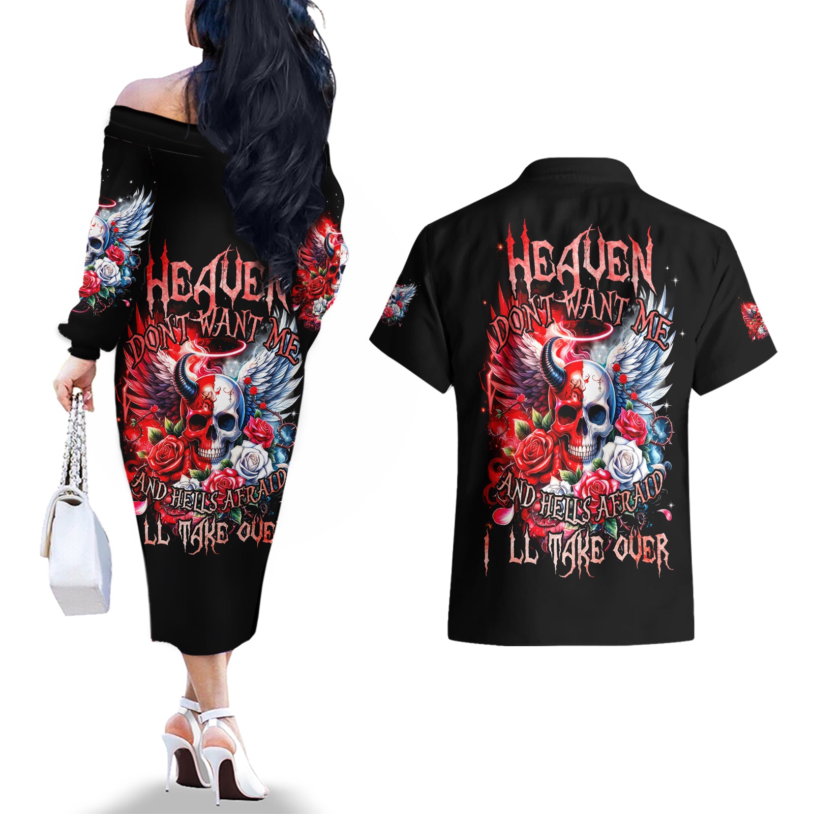 Evil Angel Skull Couples Matching Off The Shoulder Long Sleeve Dress and Hawaiian Shirt Heaven Don't Want Me And Hell Afraid - Wonder Print Shop