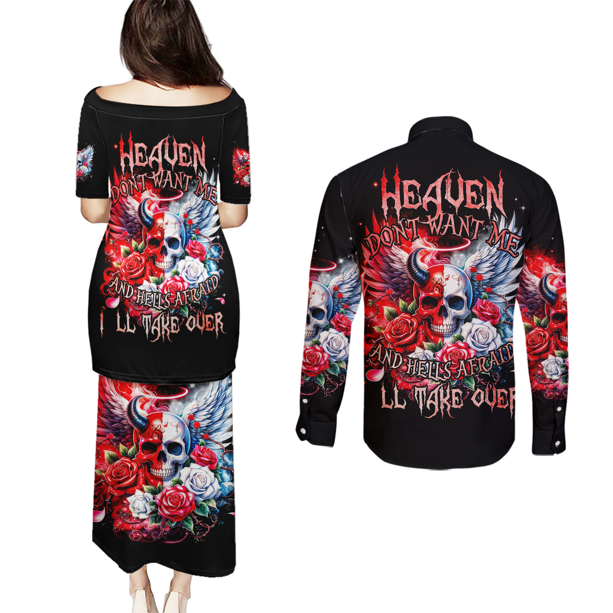 Evil Angel Skull Couples Matching Puletasi and Long Sleeve Button Shirt Heaven Don't Want Me And Hell Afraid - Wonder Print Shop