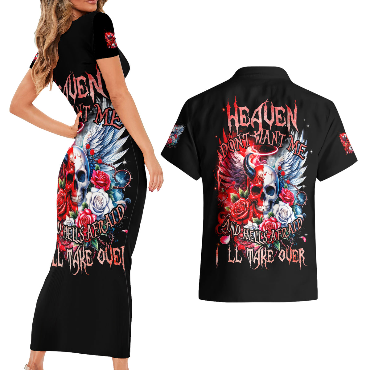 Evil Angel Skull Couples Matching Short Sleeve Bodycon Dress and Hawaiian Shirt Heaven Don't Want Me And Hell Afraid - Wonder Print Shop
