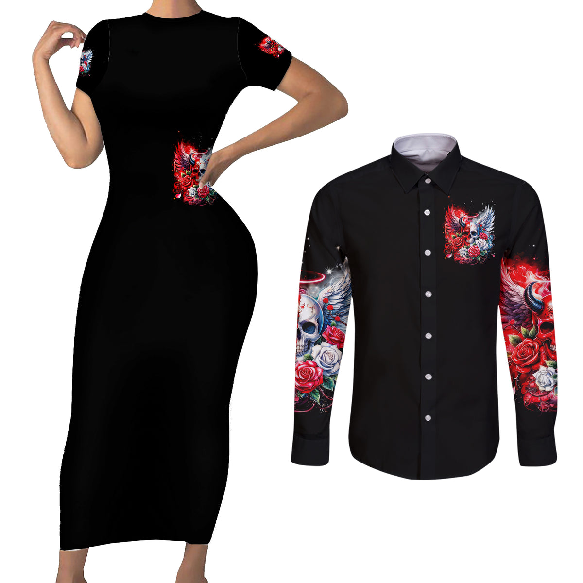 Evil Angel Skull Couples Matching Short Sleeve Bodycon Dress and Long Sleeve Button Shirt Heaven Don't Want Me And Hell Afraid - Wonder Print Shop