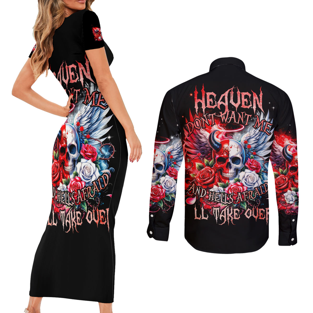 Evil Angel Skull Couples Matching Short Sleeve Bodycon Dress and Long Sleeve Button Shirt Heaven Don't Want Me And Hell Afraid - Wonder Print Shop
