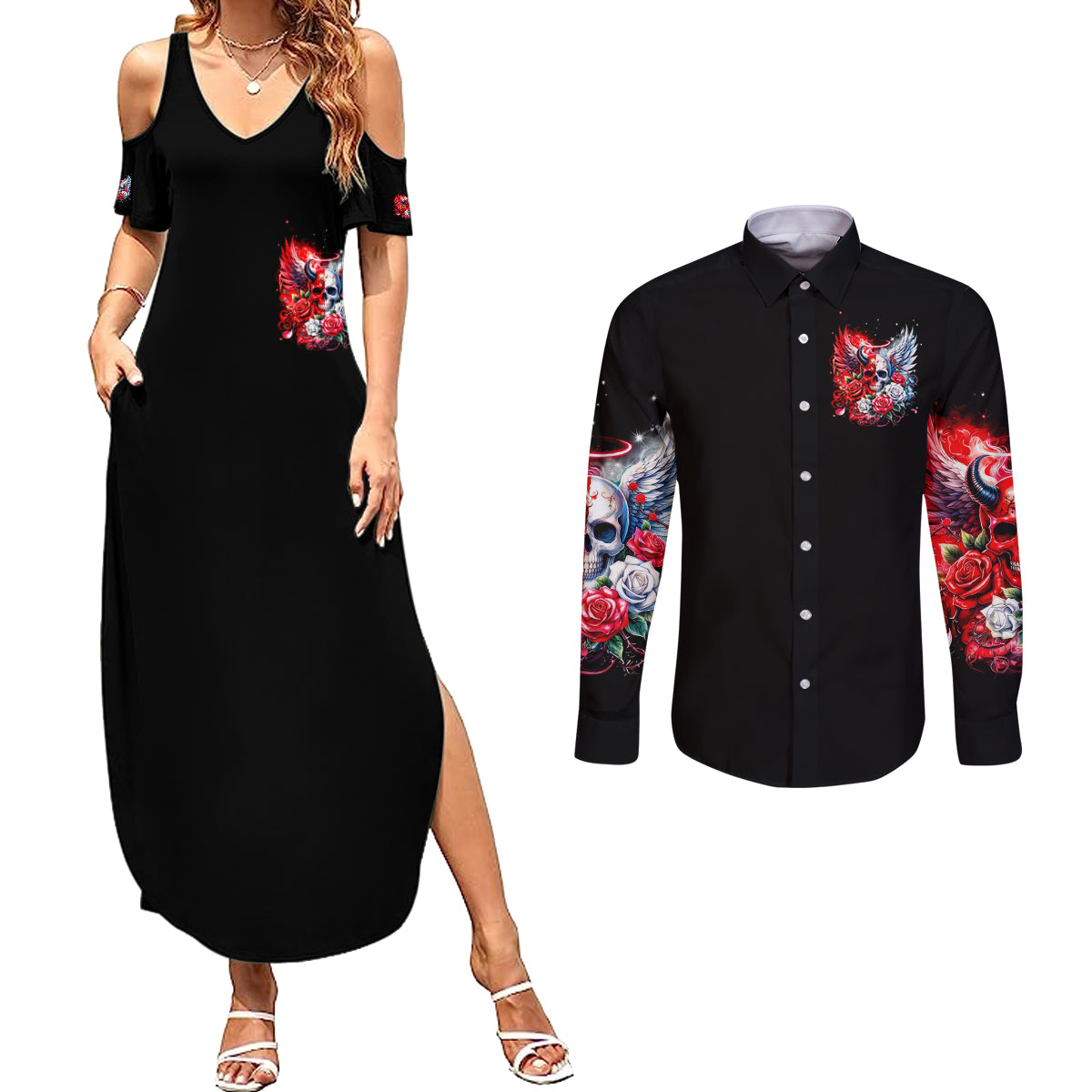 Evil Angel Skull Couples Matching Summer Maxi Dress and Long Sleeve Button Shirt Heaven Don't Want Me And Hell Afraid - Wonder Print Shop