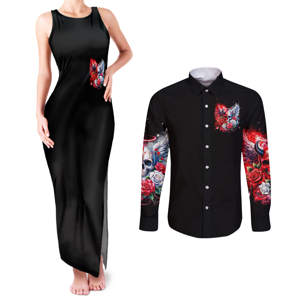 Evil Angel Skull Couples Matching Tank Maxi Dress and Long Sleeve Button Shirt Heaven Don't Want Me And Hell Afraid - Wonder Print Shop