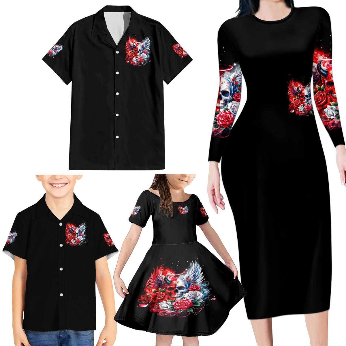 Evil Angel Skull Family Matching Long Sleeve Bodycon Dress and Hawaiian Shirt Heaven Don't Want Me And Hell Afraid - Wonder Print Shop