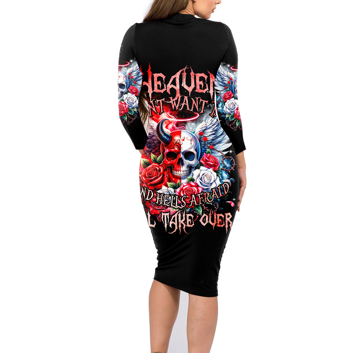 Evil Angel Skull Family Matching Long Sleeve Bodycon Dress and Hawaiian Shirt Heaven Don't Want Me And Hell Afraid - Wonder Print Shop