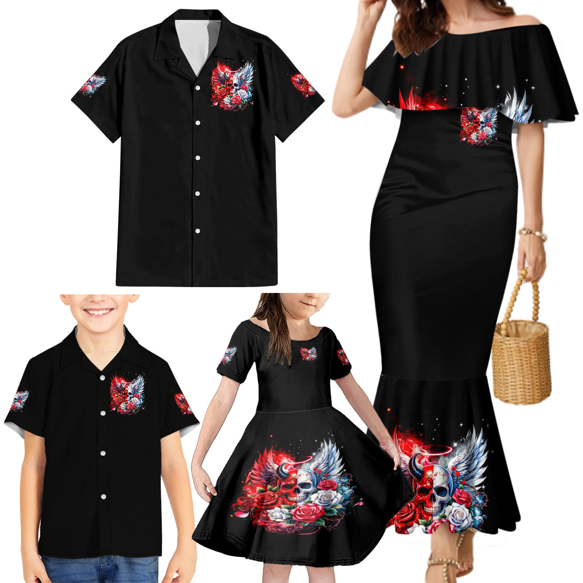 Evil Angel Skull Family Matching Mermaid Dress and Hawaiian Shirt Heaven Don't Want Me And Hell Afraid - Wonder Print Shop