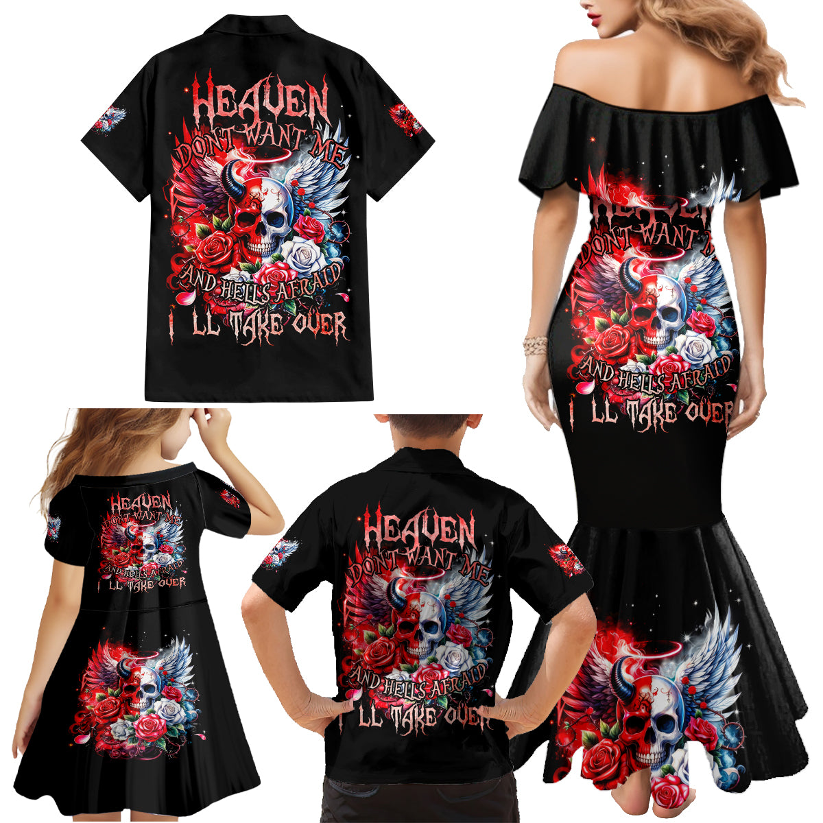 Evil Angel Skull Family Matching Mermaid Dress and Hawaiian Shirt Heaven Don't Want Me And Hell Afraid - Wonder Print Shop