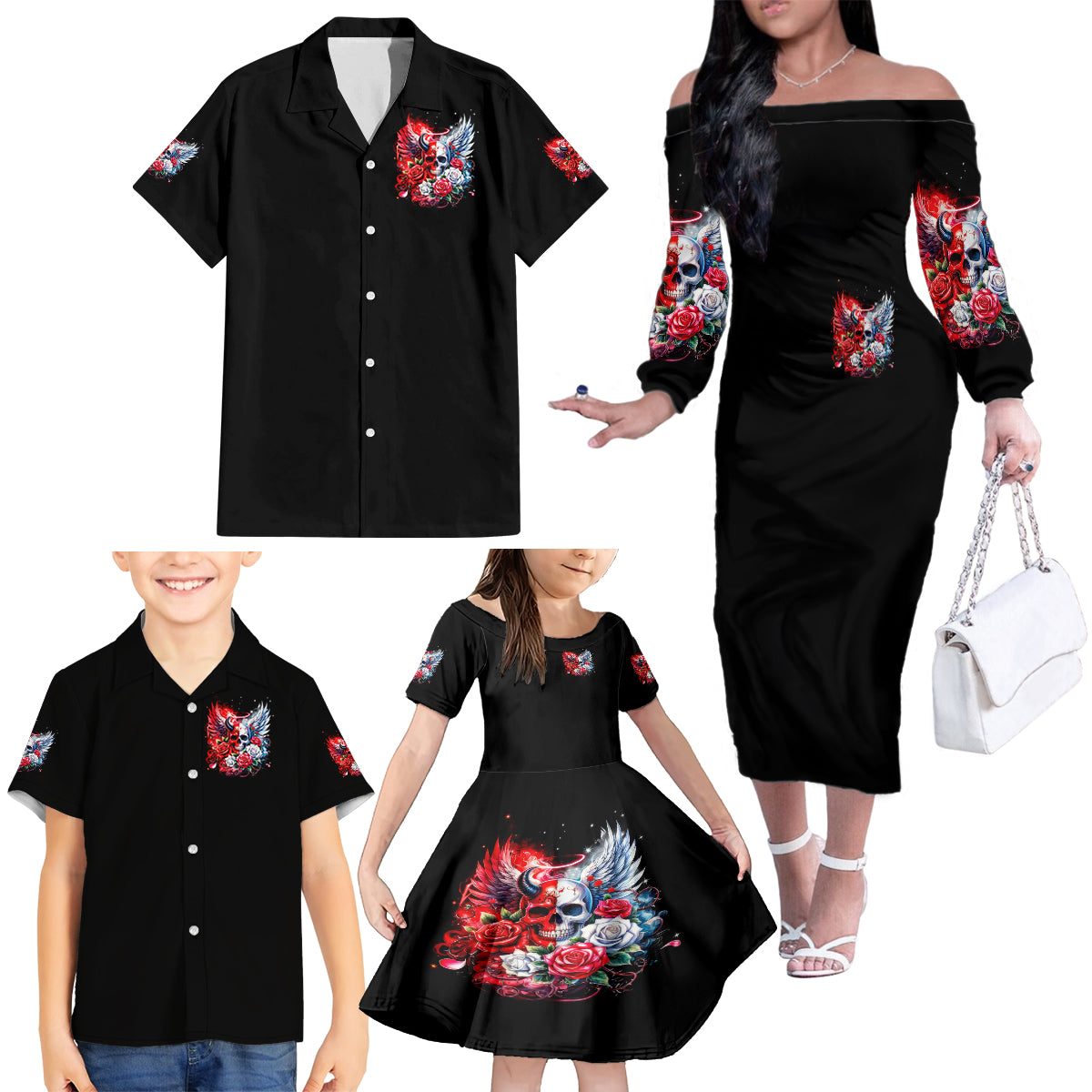 Evil Angel Skull Family Matching Off Shoulder Long Sleeve Dress and Hawaiian Shirt Heaven Don't Want Me And Hell Afraid - Wonder Print Shop