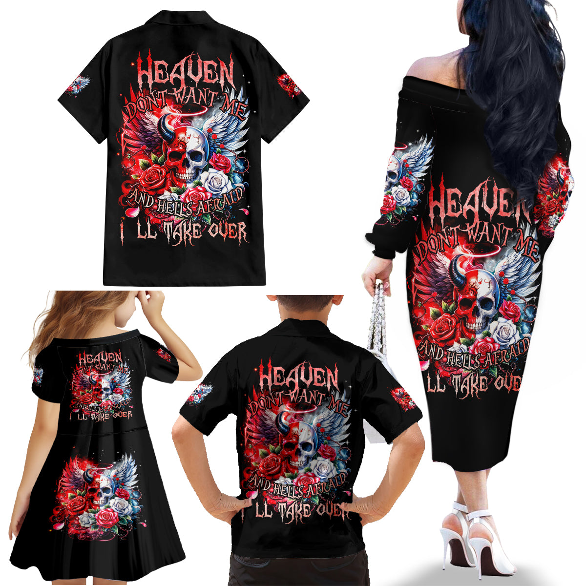 Evil Angel Skull Family Matching Off Shoulder Long Sleeve Dress and Hawaiian Shirt Heaven Don't Want Me And Hell Afraid - Wonder Print Shop