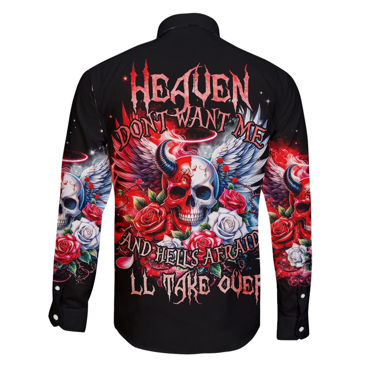 Evil Angel Skull Family Matching Off Shoulder Long Sleeve Dress and Hawaiian Shirt Heaven Don't Want Me And Hell Afraid - Wonder Print Shop