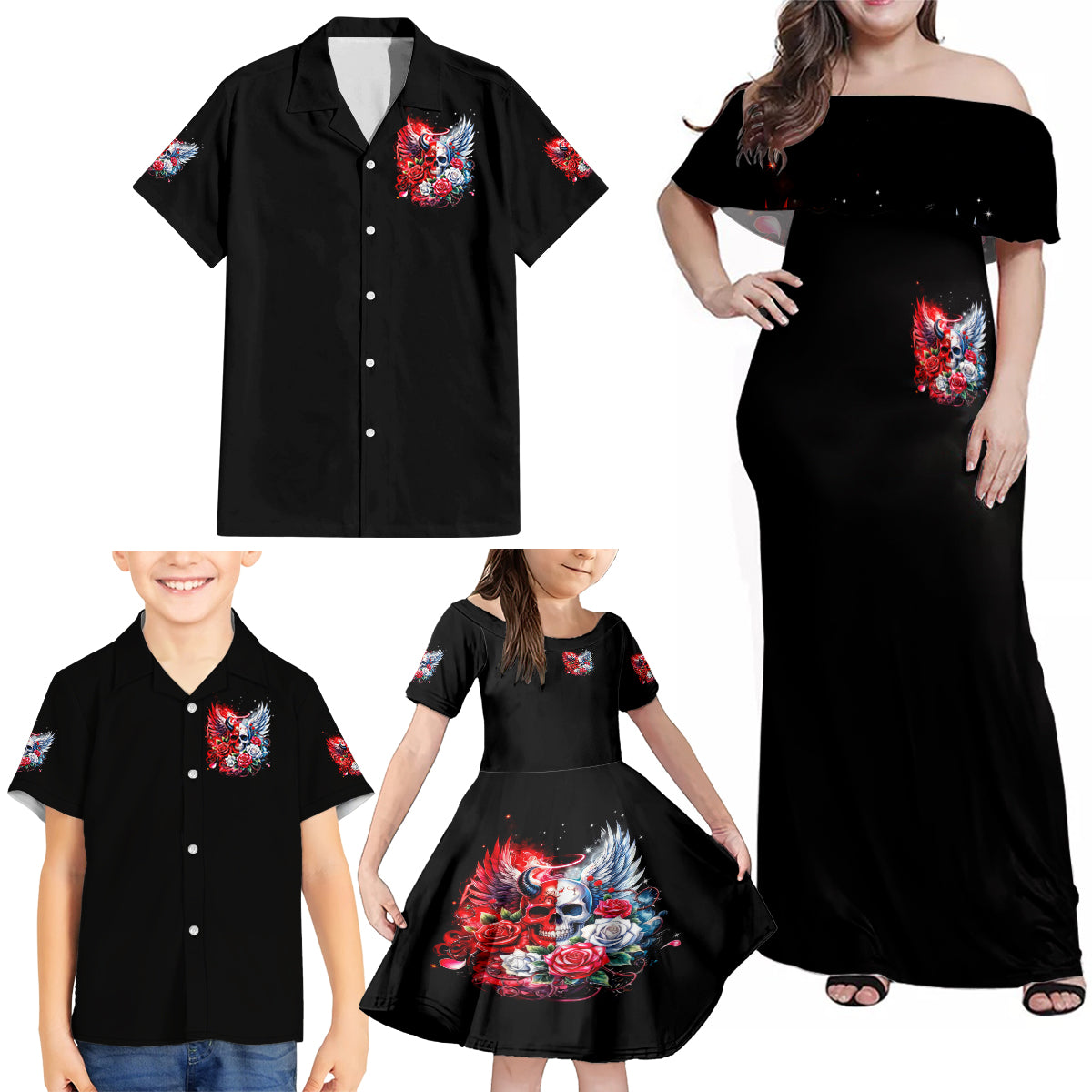 Evil Angel Skull Family Matching Off Shoulder Maxi Dress and Hawaiian Shirt Heaven Don't Want Me And Hell Afraid - Wonder Print Shop