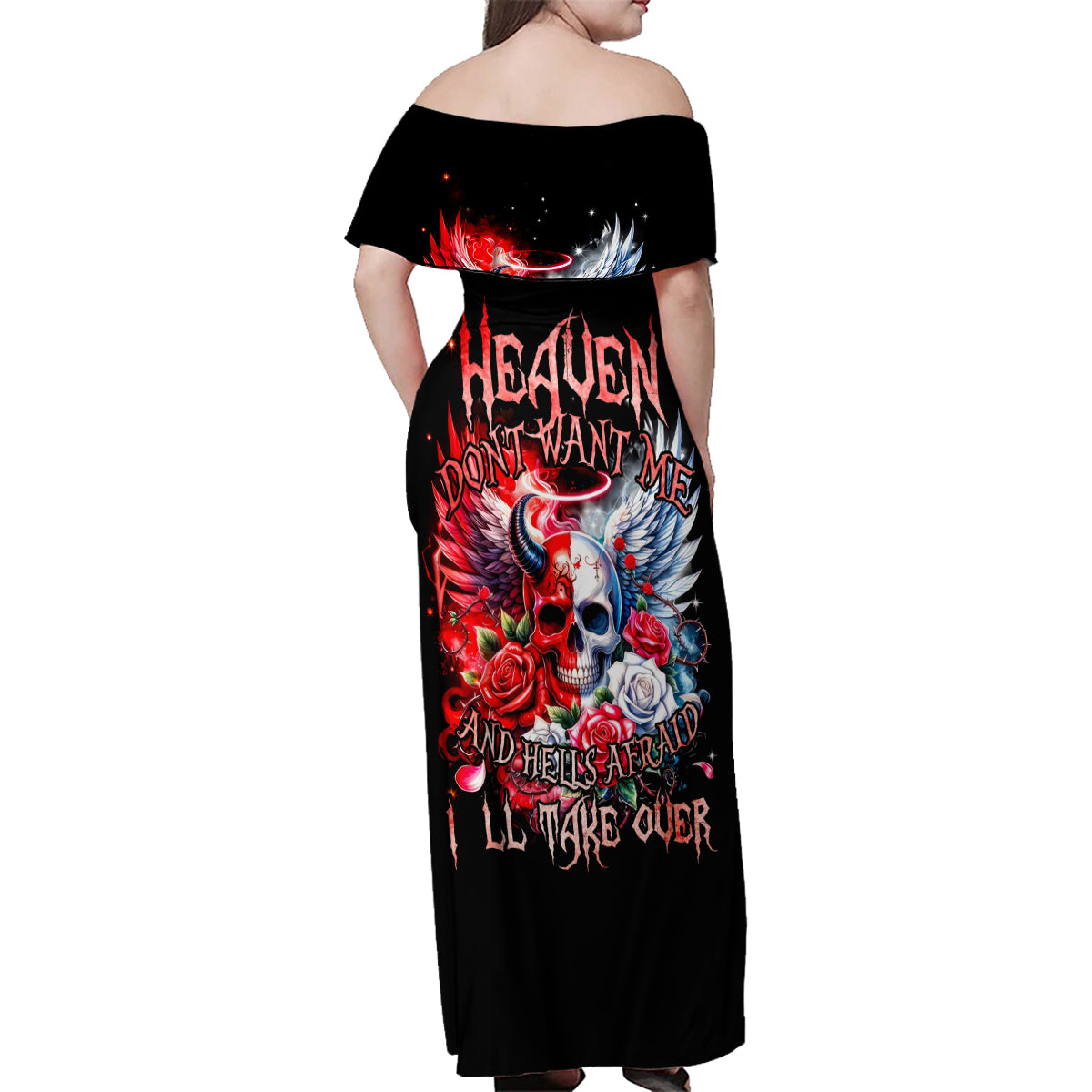 Evil Angel Skull Family Matching Off Shoulder Maxi Dress and Hawaiian Shirt Heaven Don't Want Me And Hell Afraid - Wonder Print Shop