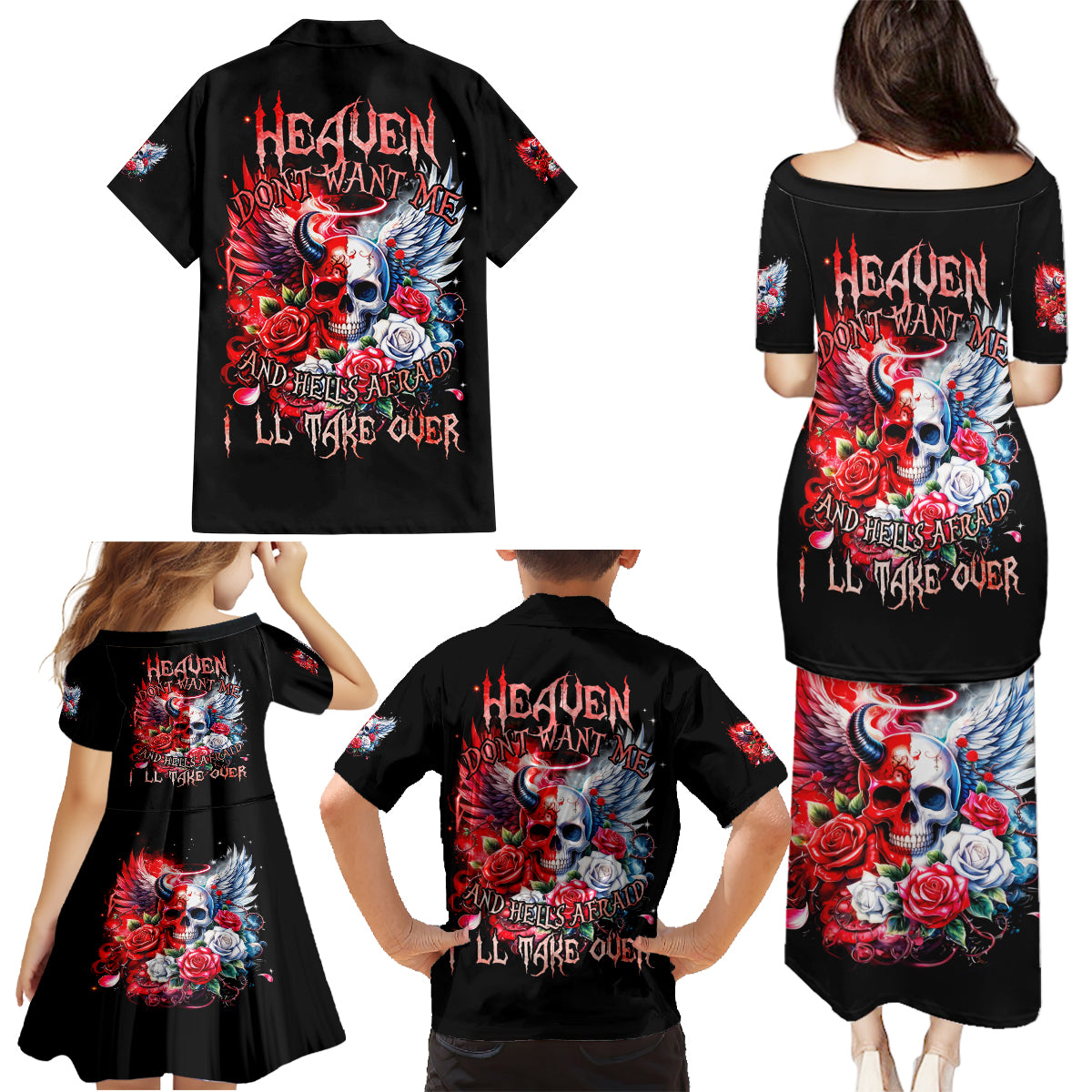 Evil Angel Skull Family Matching Puletasi and Hawaiian Shirt Heaven Don't Want Me And Hell Afraid - Wonder Print Shop