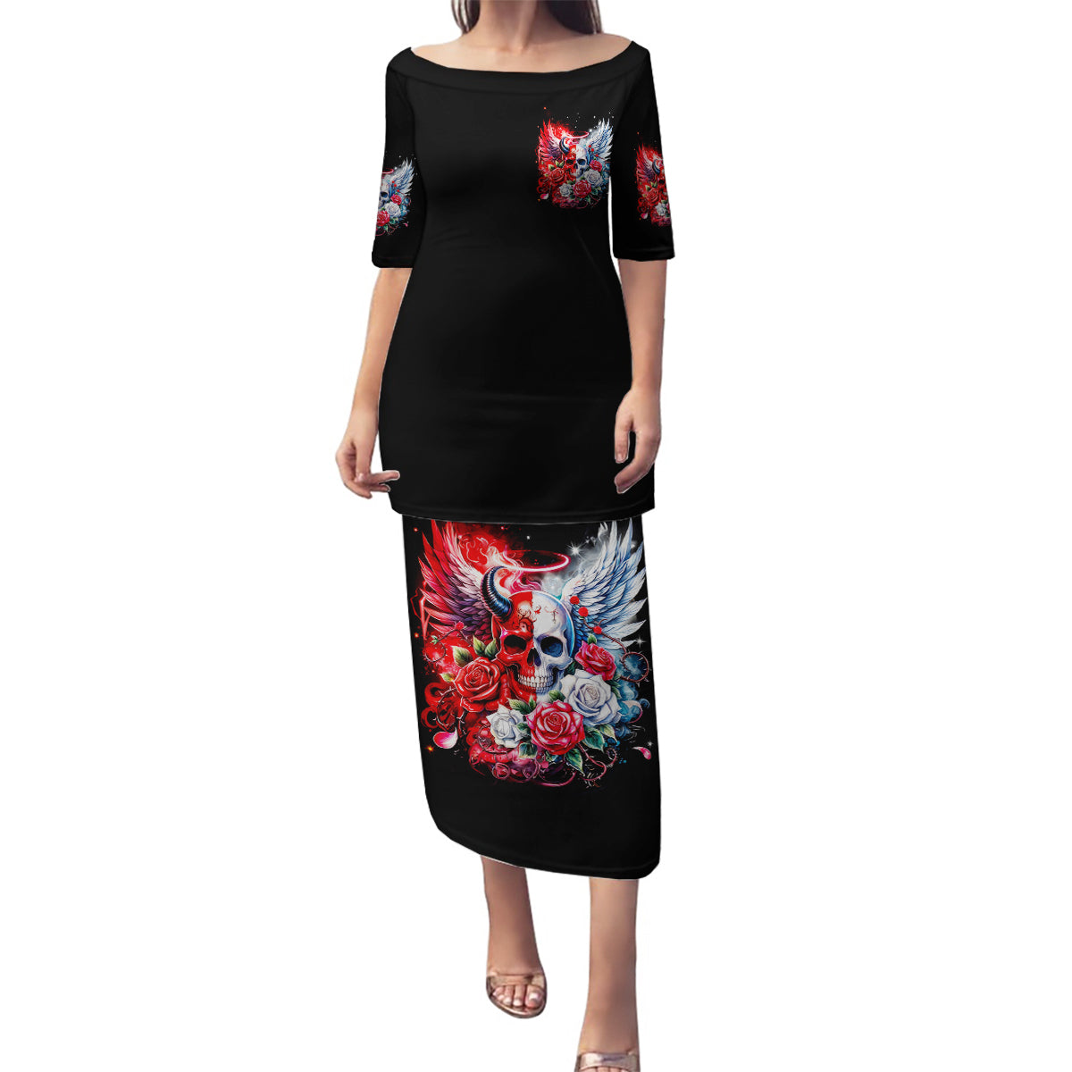 Evil Angel Skull Family Matching Puletasi and Hawaiian Shirt Heaven Don't Want Me And Hell Afraid - Wonder Print Shop