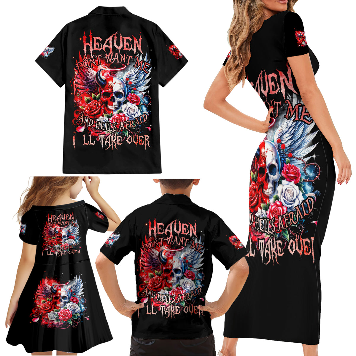 Evil Angel Skull Family Matching Short Sleeve Bodycon Dress and Hawaiian Shirt Heaven Don't Want Me And Hell Afraid - Wonder Print Shop