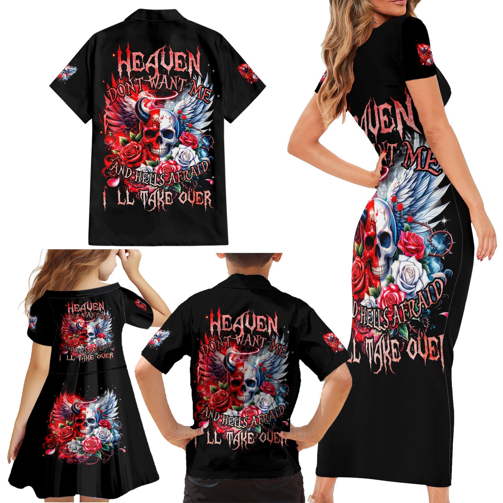 Evil Angel Skull Family Matching Short Sleeve Bodycon Dress and Hawaiian Shirt Heaven Don't Want Me And Hell Afraid - Wonder Print Shop