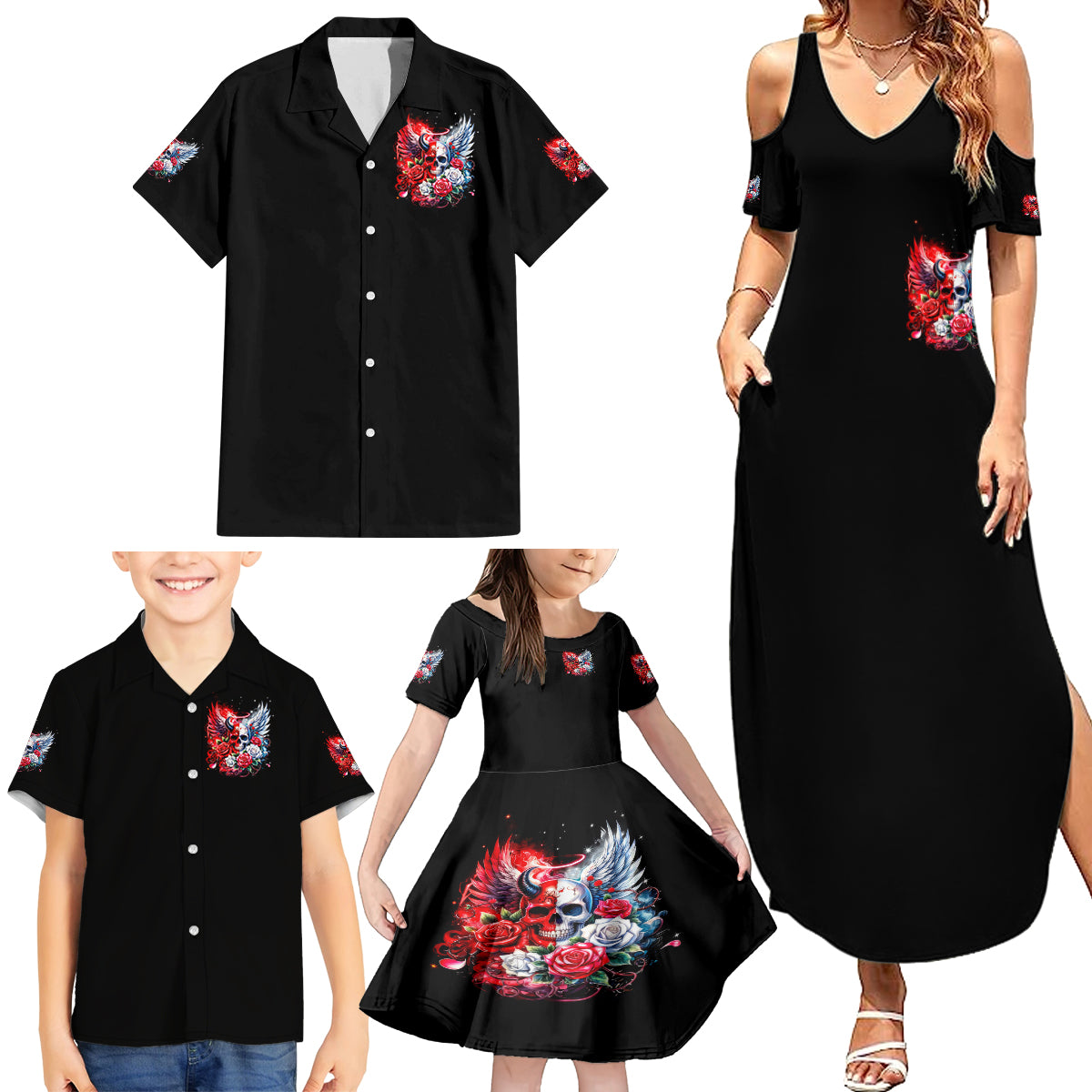 Evil Angel Skull Family Matching Summer Maxi Dress and Hawaiian Shirt Heaven Don't Want Me And Hell Afraid - Wonder Print Shop