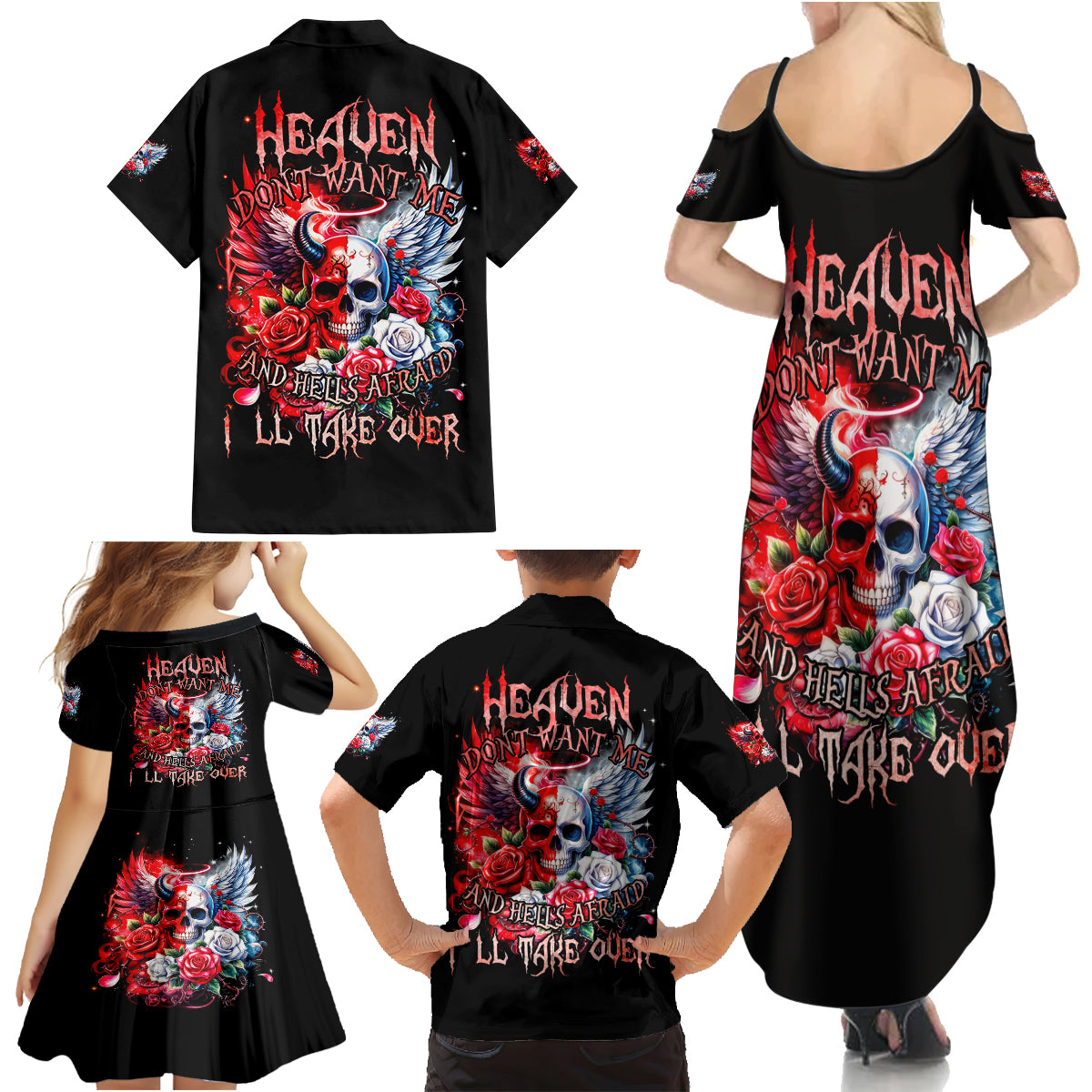 Evil Angel Skull Family Matching Summer Maxi Dress and Hawaiian Shirt Heaven Don't Want Me And Hell Afraid - Wonder Print Shop