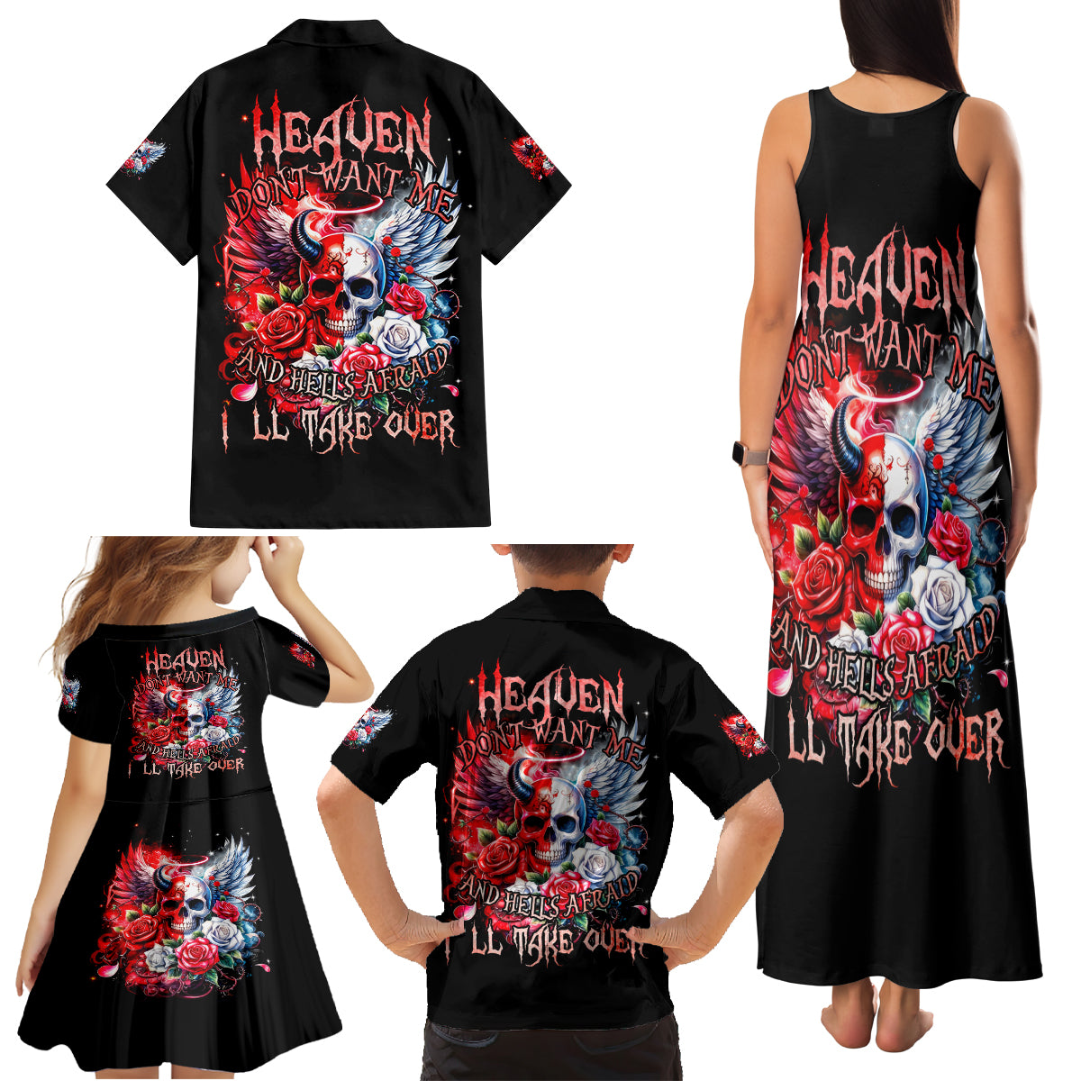 Evil Angel Skull Family Matching Tank Maxi Dress and Hawaiian Shirt Heaven Don't Want Me And Hell Afraid - Wonder Print Shop
