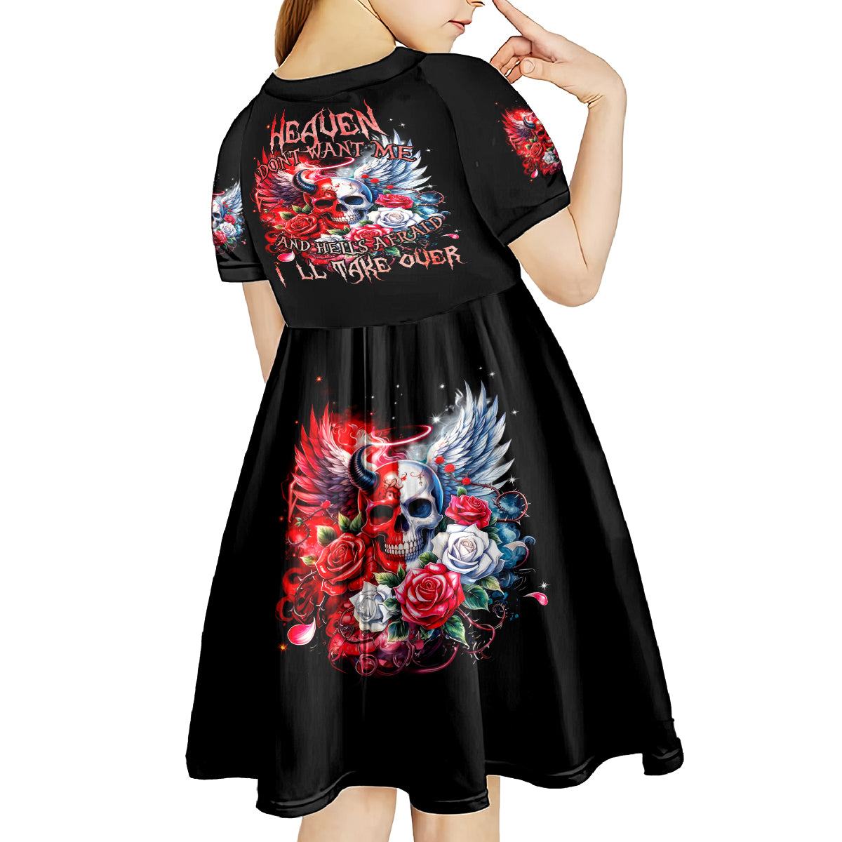 Evil Angel Skull Kid Short Sleeve Dress Heaven Don't Want Me And Hell Afraid - Wonder Print Shop