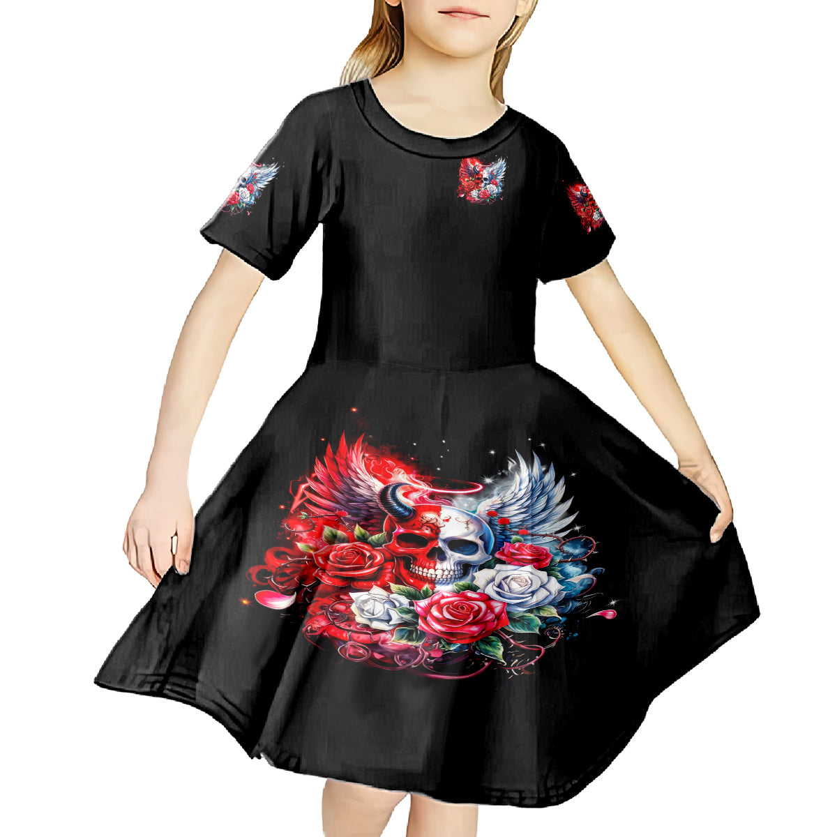 Evil Angel Skull Kid Short Sleeve Dress Heaven Don't Want Me And Hell Afraid - Wonder Print Shop