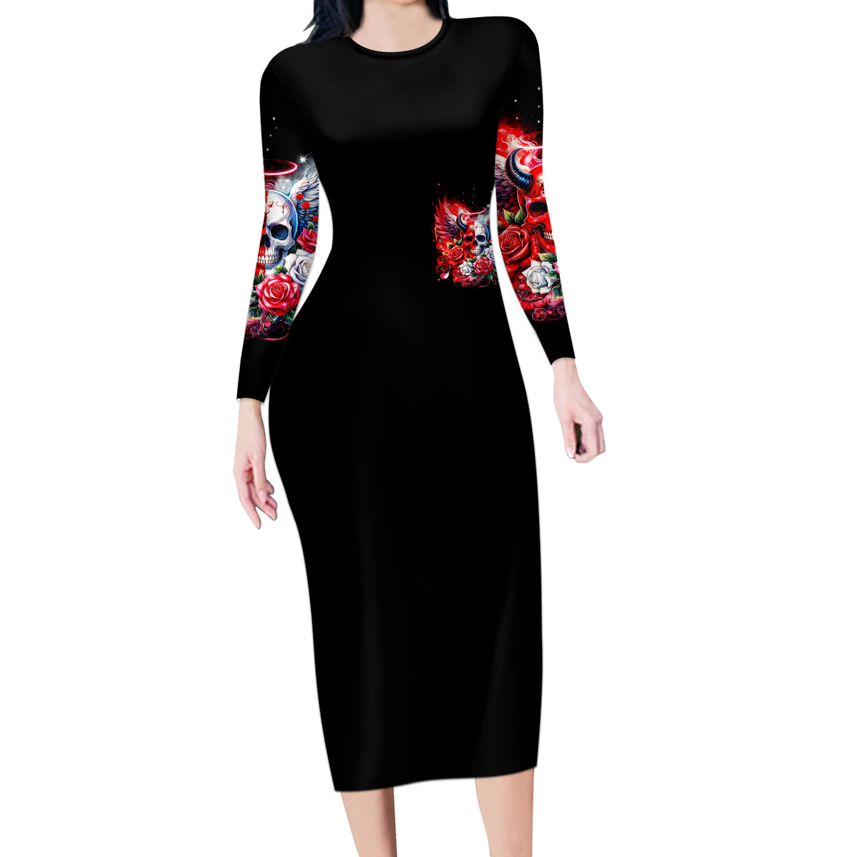 Evil Angel Skull Long Sleeve Bodycon Dress Heaven Don't Want Me And Hell Afraid - Wonder Print Shop