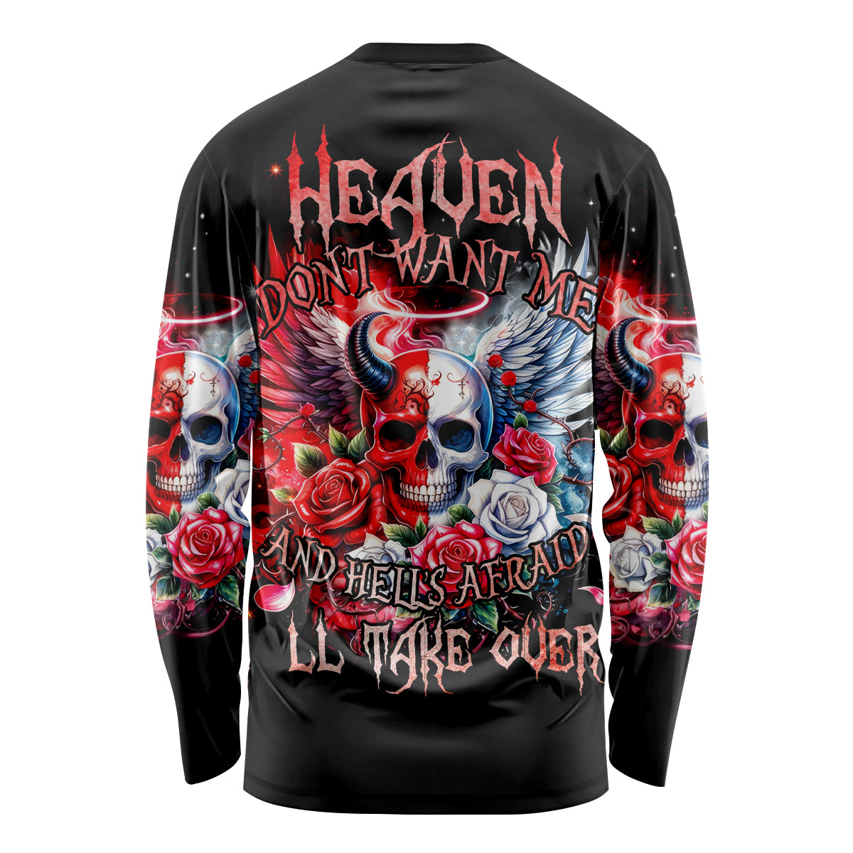 Evil Angel Skull Long Sleeve Shirt Heaven Don't Want Me And Hell Afraid - Wonder Print Shop